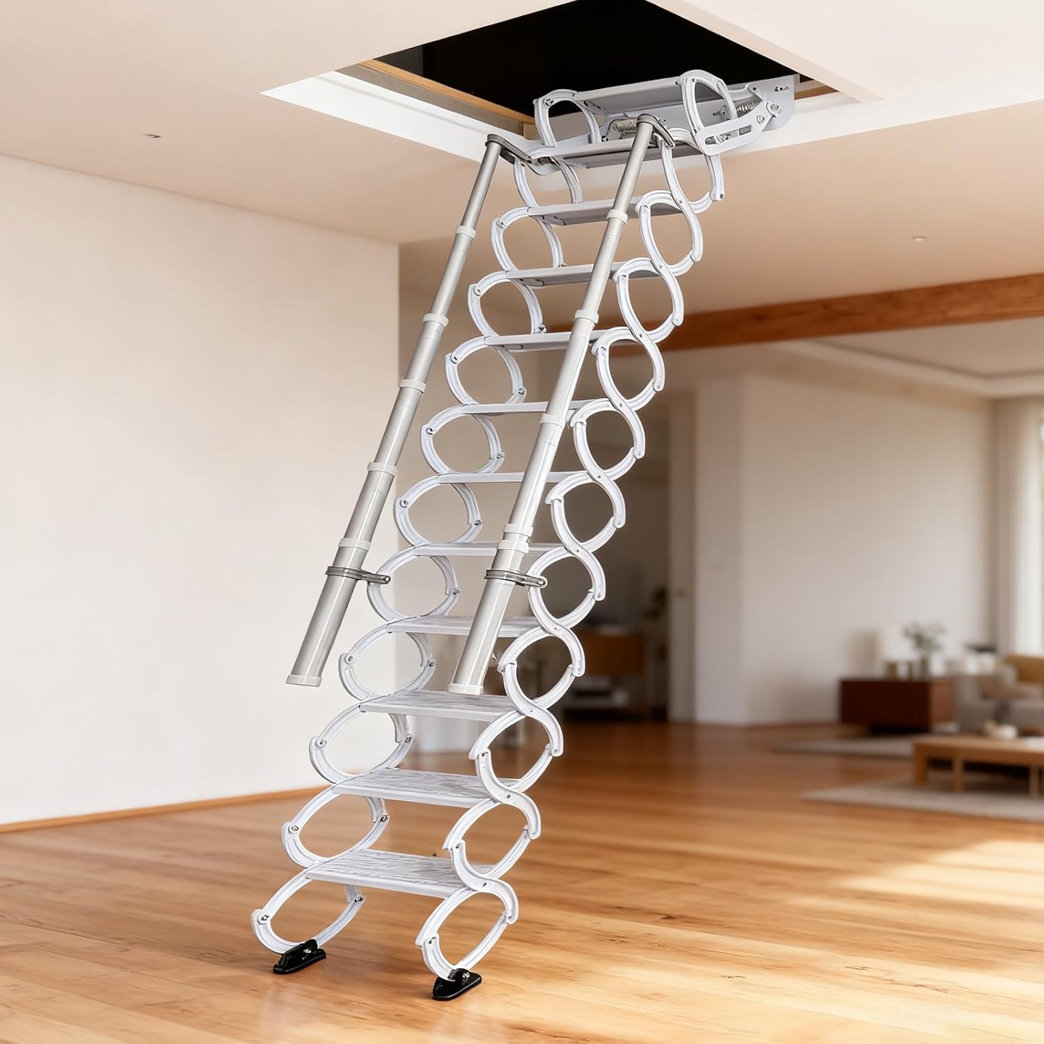 12 Stpes Wall-Mounted Folding Stairs, Telescopic Attic Ladder, Pull Down System Folding with Handrail, Applicable Height is 9.6-10ft, Extendable Ladder for Home Garage Attic (White, 9.6-10ft)