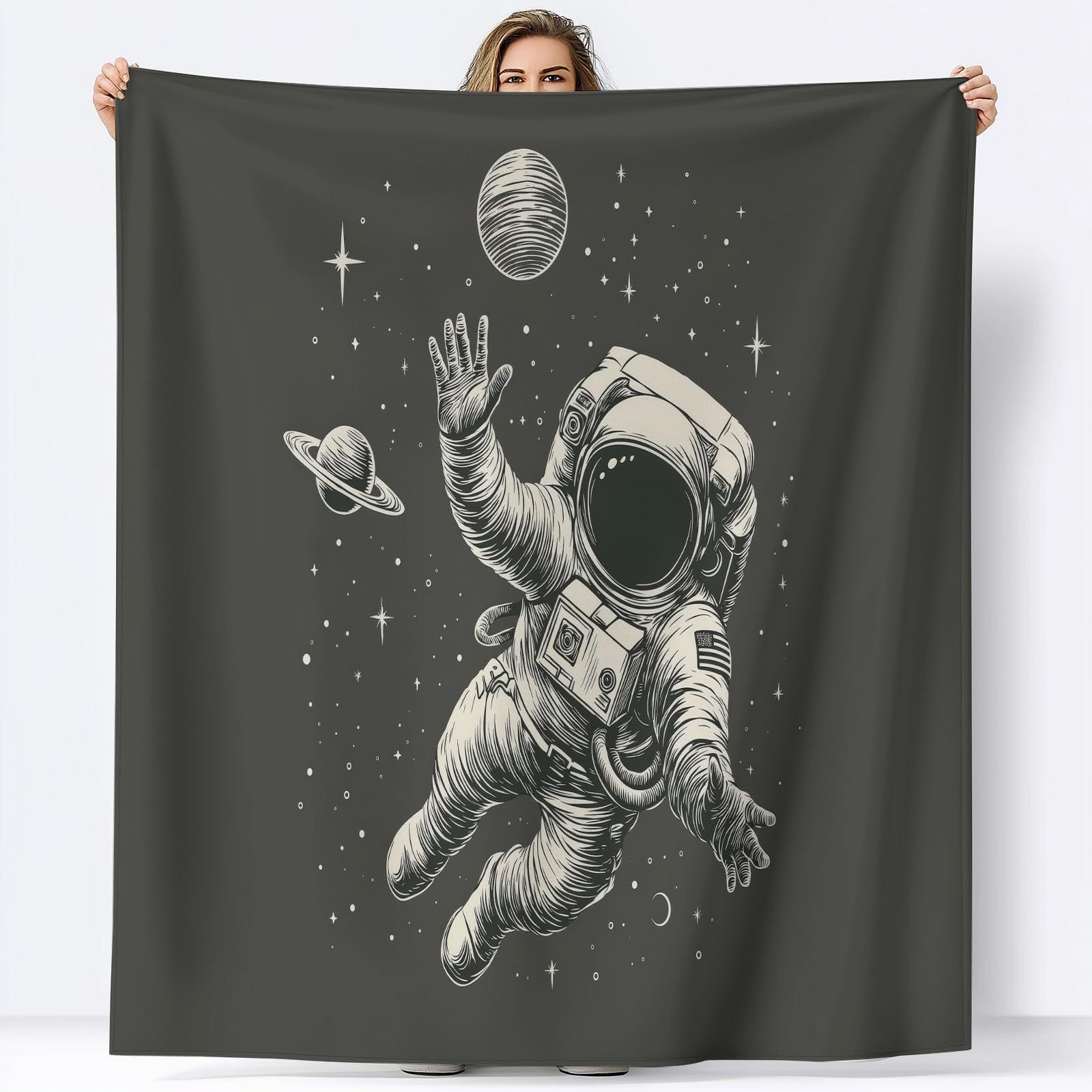 Generico Koc w kratę z polaru astronautów kosmiczny 180 x 220 cm koc z nadrukiem 3D, zimowy ciepły na sofę i łóżko z miękkiej flaneli, koc polarowy na sofę i kanapę