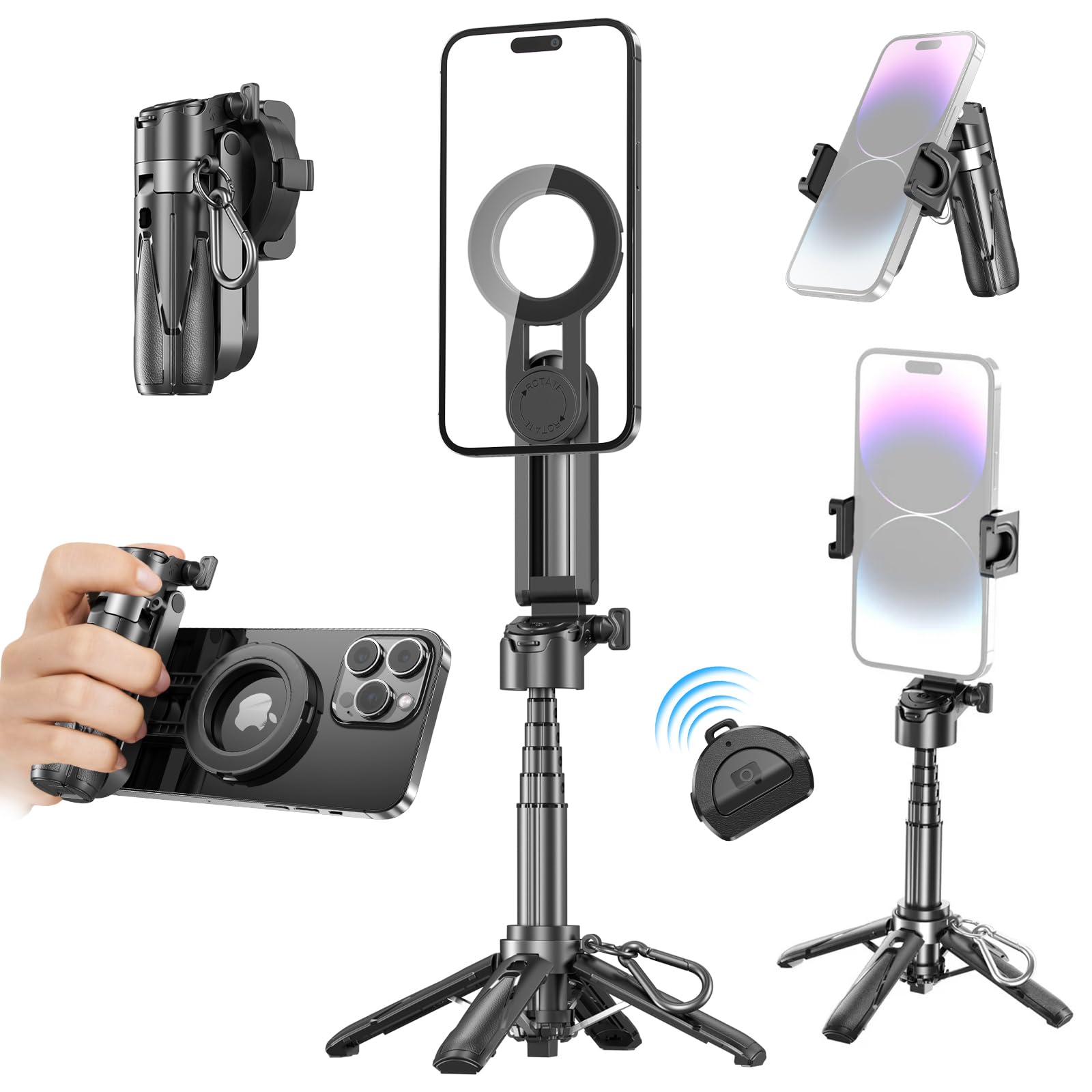 Bastone Selfie Con Magnetico E Morsetto A Molla, Treppiede per Cellulare Bluetooth 4 in 1, Impugnatura Per Telefono, Mini Quadrupode Telescopico Per iPhone/Android, Rotazione A 360 Gradi.