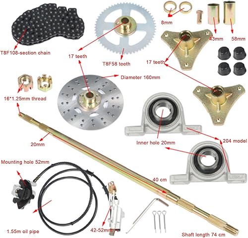 Miniatura 3 de Kit completo de eje trasero de 29.134 in+piñón de montaje de freno, para DIY Go Kart ATV Quad Buggy Mini Bike