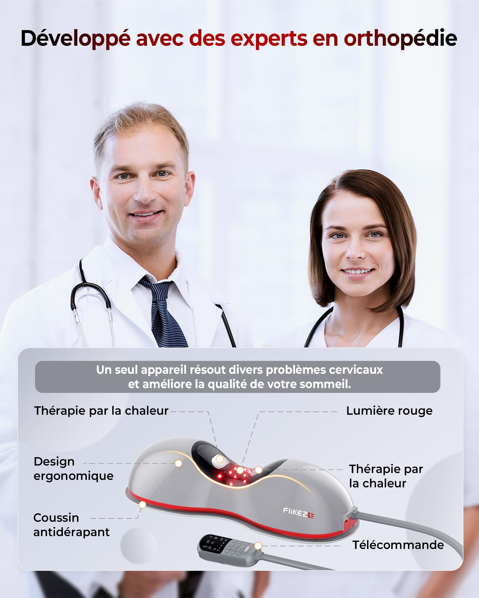 FliKEZE Étireur de cou chauffant avec thérapie par la lumière rouge, appareil de traction cervicale sans fil pour soulager la douleur TMJ et relaxer les épaules, coussin de massage de traction du cou