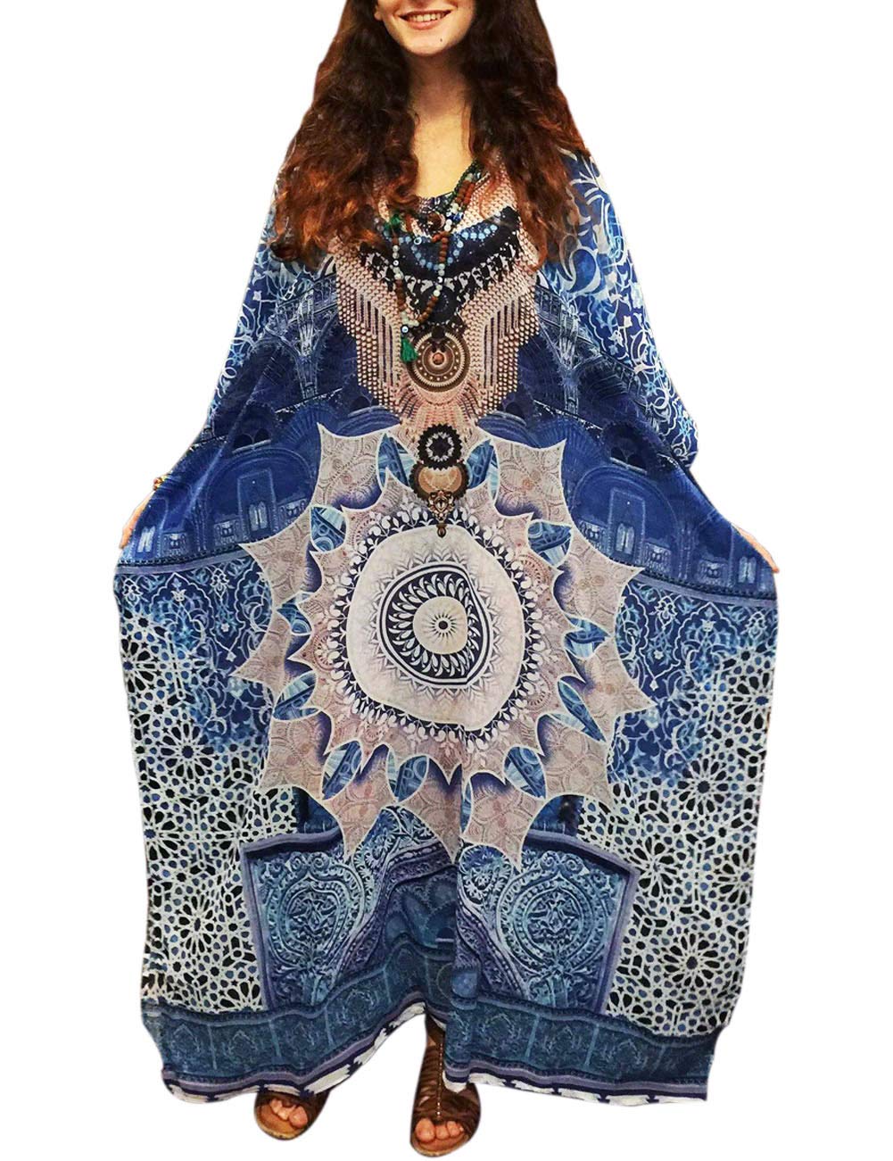 GRACIN Plus Size Kaftan Dress African Caftan Beach Cover Up Lounger Nightdress for Women (One Size, Blue2)
