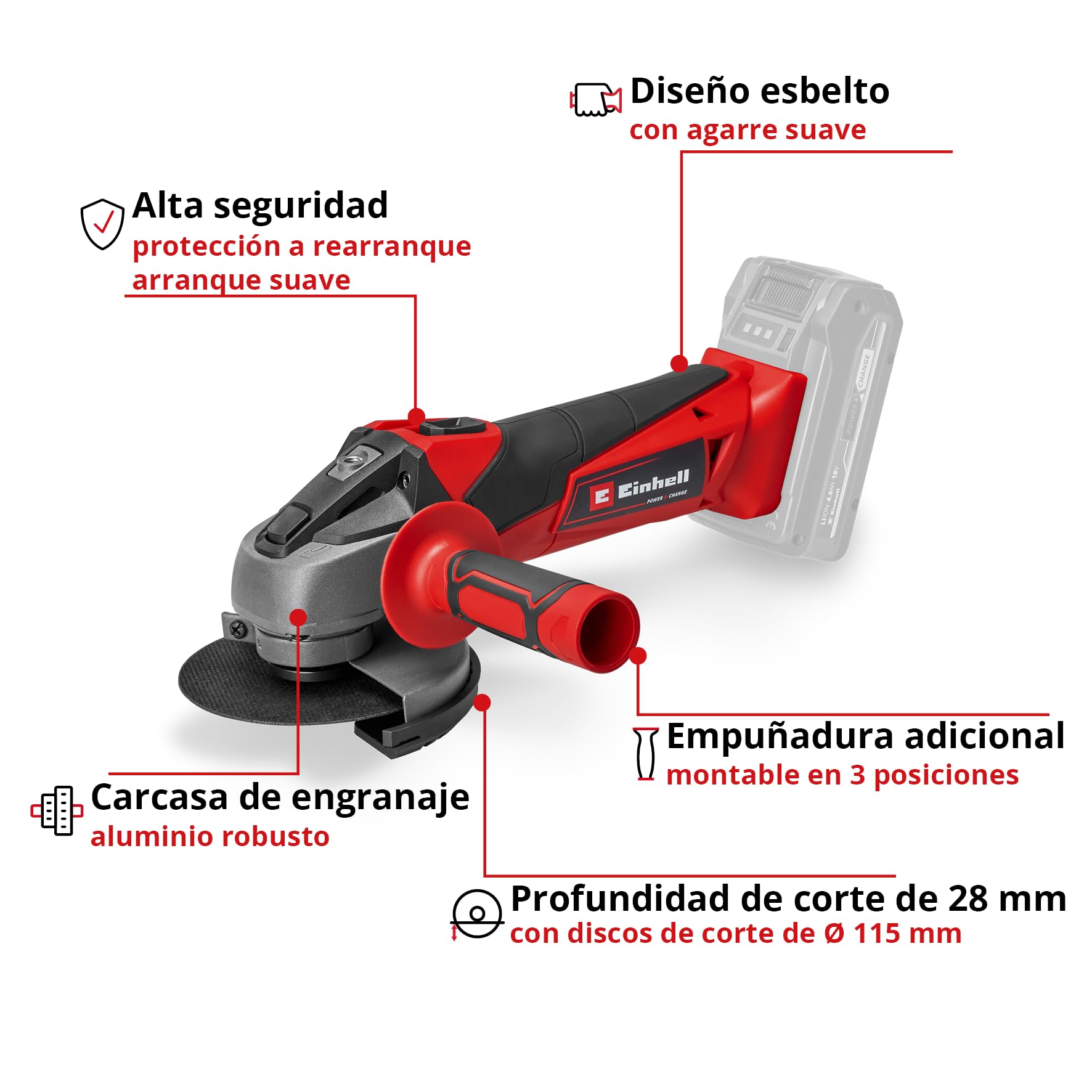 Einhell Amoladora angular con batería TC-AG 18/115 Li-Solo Power X-Change (18 V, 115 mm diámetro de disco, 28 mm profundidad de corte, arranquue suave, sin disco, sin batería) | PXC | 18 V | Ø 115 mm | Profundidad de corte 28 mm | Arranque progresivo | Si