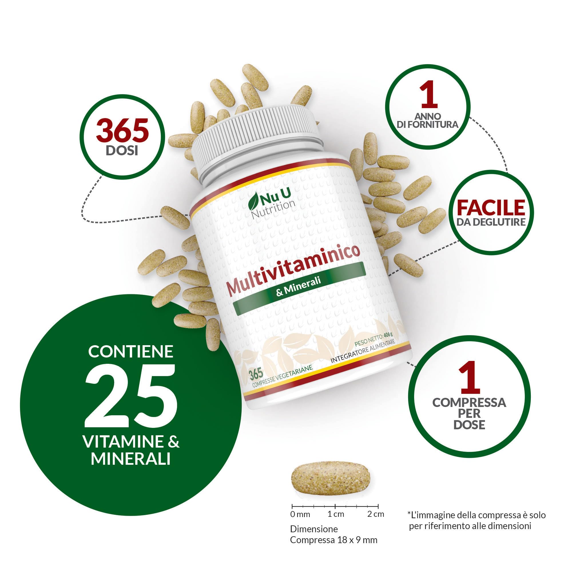 Multivitaminico Completo - 365 Compresse (1 Anno di Scorta) - 25 Vitamine e Minerali Essenziali per Uomo e Donna - Adatto ai Vegetariani - Prodotto in Europa - Integratore Nu U Nutrition