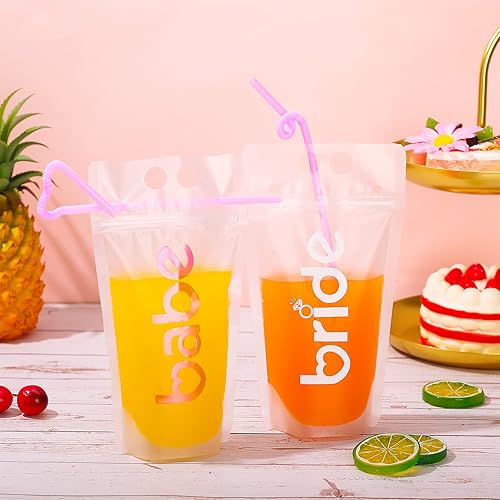 Miniatura 4 de 18 bolsas de plástico con cremallera para bebidas con pajitas para fiestas de novia, bolsas translúcidas esmeriladas de mano resistentes con pajitas