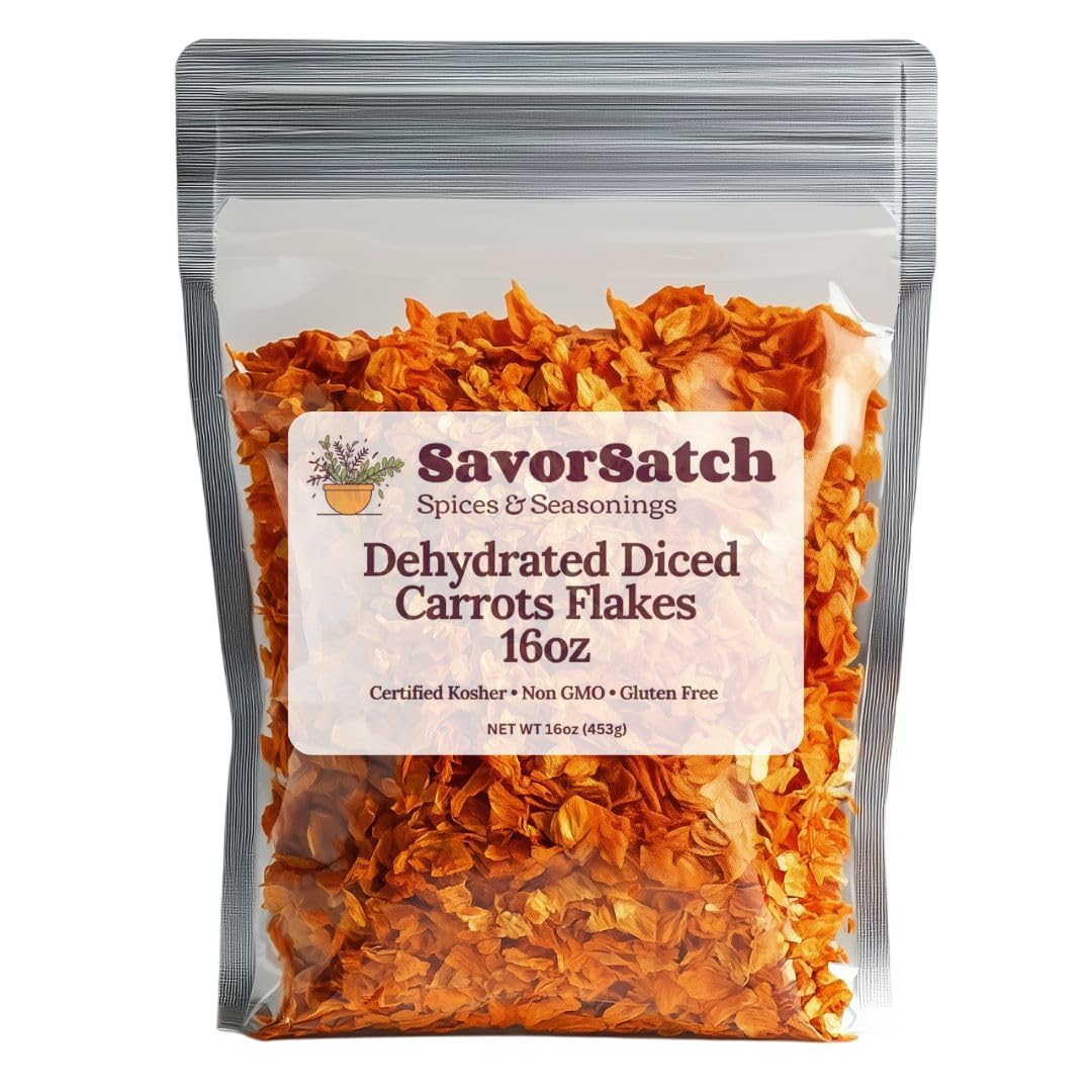 SavorSatch Dried Carrots - 16 oz Diced, Dehydrated | Resealable Pouch, Certified Kosher, Emergency Supply Food | Ideal for Camping, Soups, Stews, Long-Term Storage