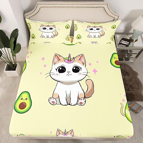 Feelyou Juego de sábanas de gato de dibujos animados, lindas sábanas de unicornio para niños y niñas, ropa de cama con temática de animales, sábana
