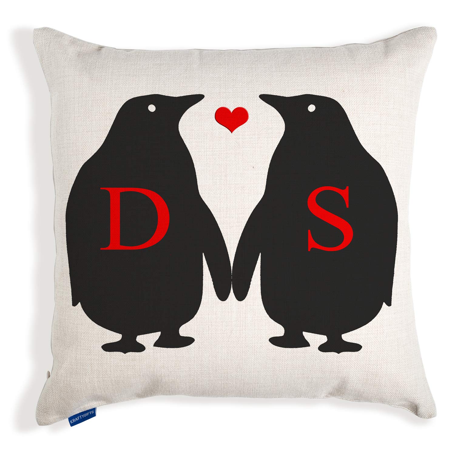 Kraftygifts Natural Personalised Initial Penguin Christmas Cushion Cover Love Couple Home Xmas Present Gift Kc38