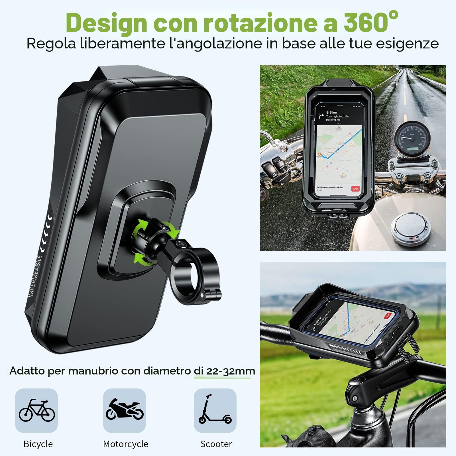 Porta Cellulare Impermeabile, Supporto Telefono Antivibrazione Moto, Scooter con Touch Screen Rotazione di 360° per Smartphone 4.7" a 7.0"