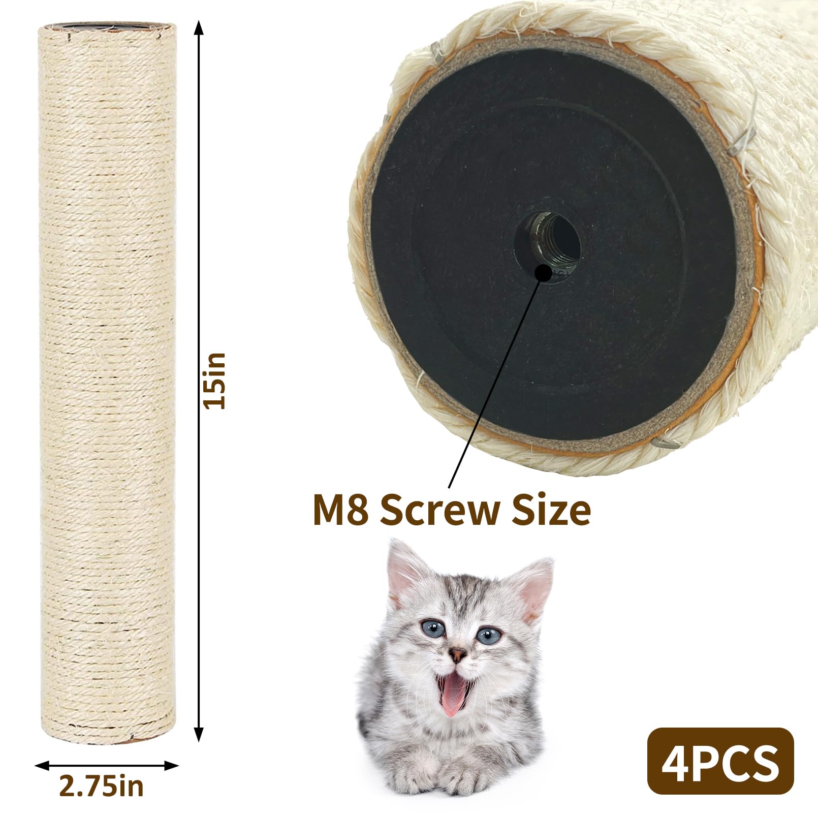 Kathson 4PCS Kratzbaum Ersatzstamm 15“ Ersatz-Kratzbaum für Katzen DIY Handwerk Refill Pole Teile Hanf Seil Kratzer Klettern Sitzstange für Innen Kätzchen Weiß