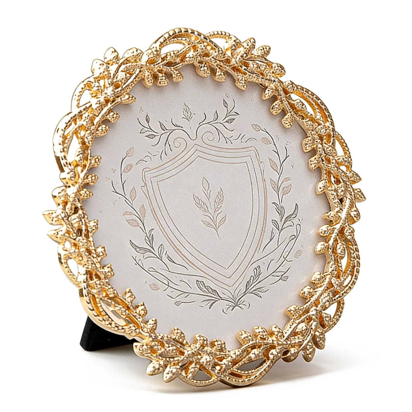 Round Photo Frame 4-Inch Desktop Picture Frame Decorative Home Décor, Metal Branches and Leaves Wrapped Circle photograph(Gold)