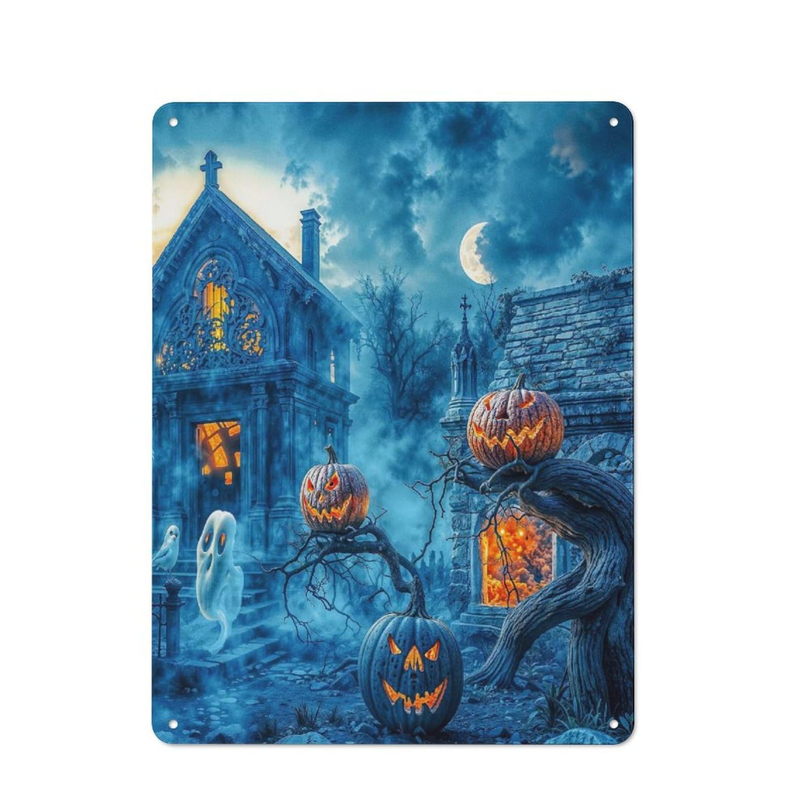 Vintage Metal Sign with Halloween Graveyard Scene Design 40x30cm, Vintage Bar Wall Plaque for Cafe, Pub, Workshop Or Home Bar