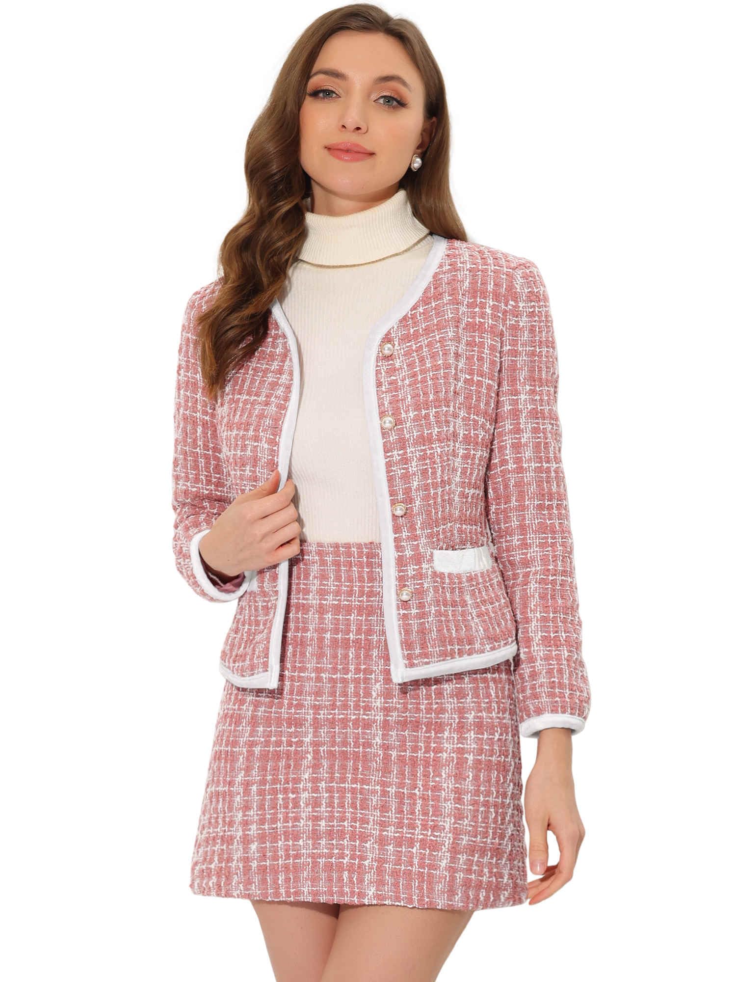 Allegra K Business Suit Set for Women's 2 Piece Outfits Plaid Tweed Easter Short Blazer Jacket and Skirt Sets