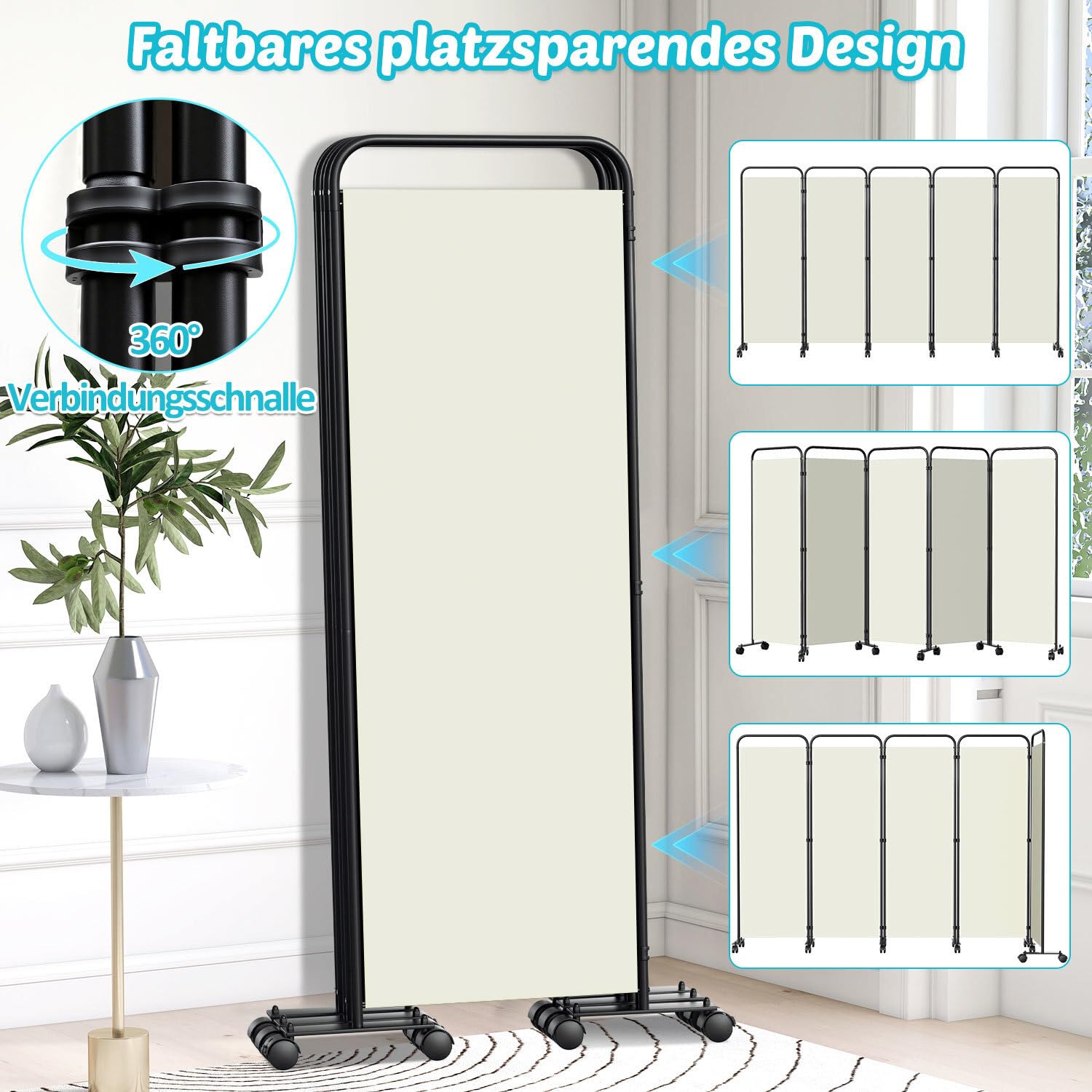Paravent de séparation de pièce pliable sur roulettes - 5 pièces - 284 x 180 cm - Séparateur de pièce autonome pour bureau et chambre à coucher - Beige