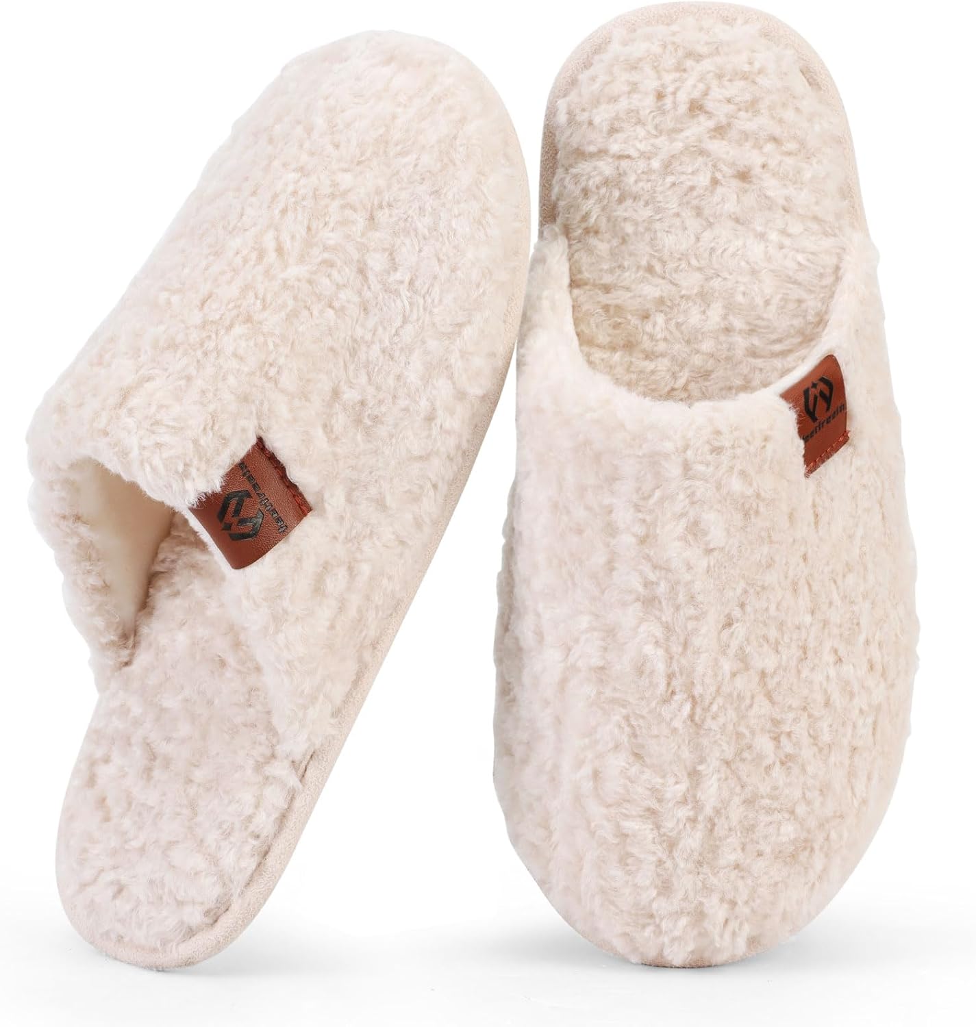 Women’s Fuzzy Scuff Slippers, Comfy Supportive Foam Slip-On House Shoes for Indoor Bedroom 11-12 Off-white