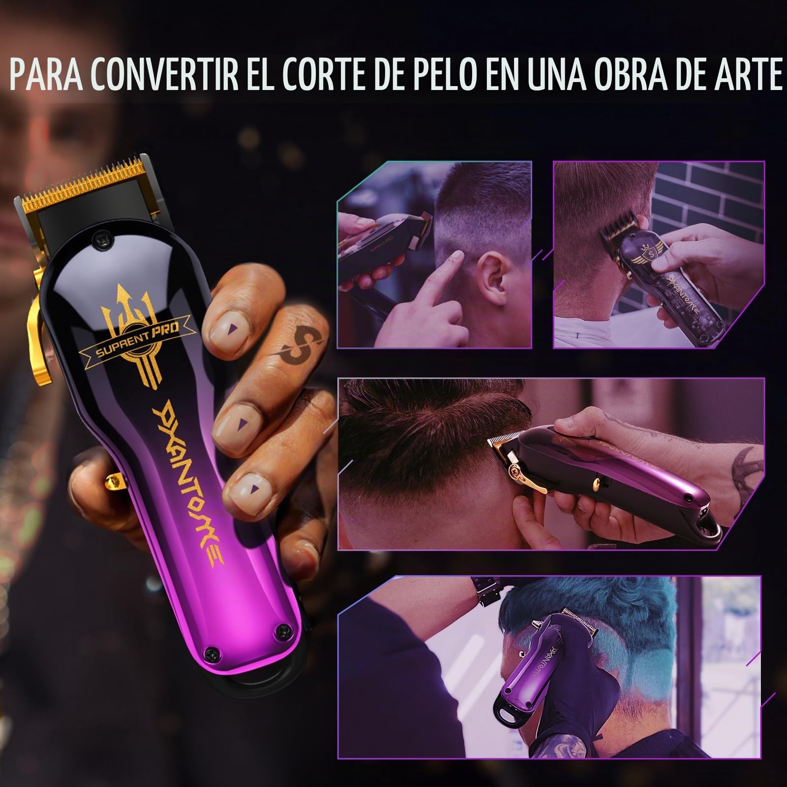 SUPRENT PRO - Cortacésped de pelo para hombre profesional - Cortacésped recargable inalámbrico con motor sin escobillas - Estuche DIY y pegatinas - Cortadora de pelo para hombres para barberos