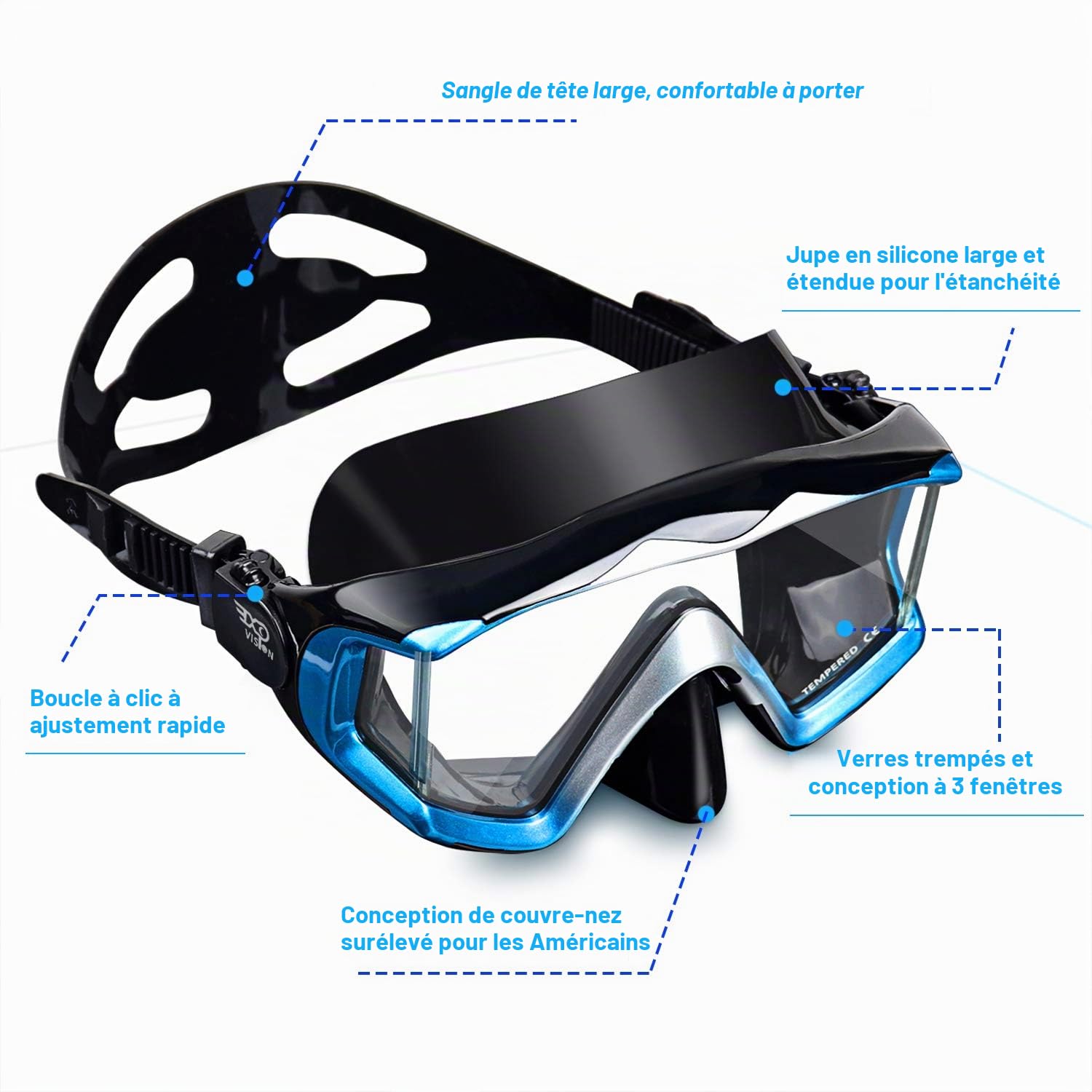 Masque de plongée Pano 3 Adulte - Masque de plongée en Verre trempé - Lunettes de plongée Anti-buée Lunettes de Natation avec Couvre-Nez pour la plongée en apnée, la plongée en apnée, la Natation