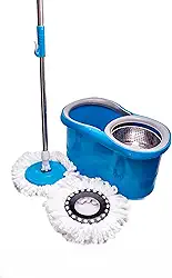 Mop Esfregão Giratório de Limpeza Inox com Rodinha e Refil Azul