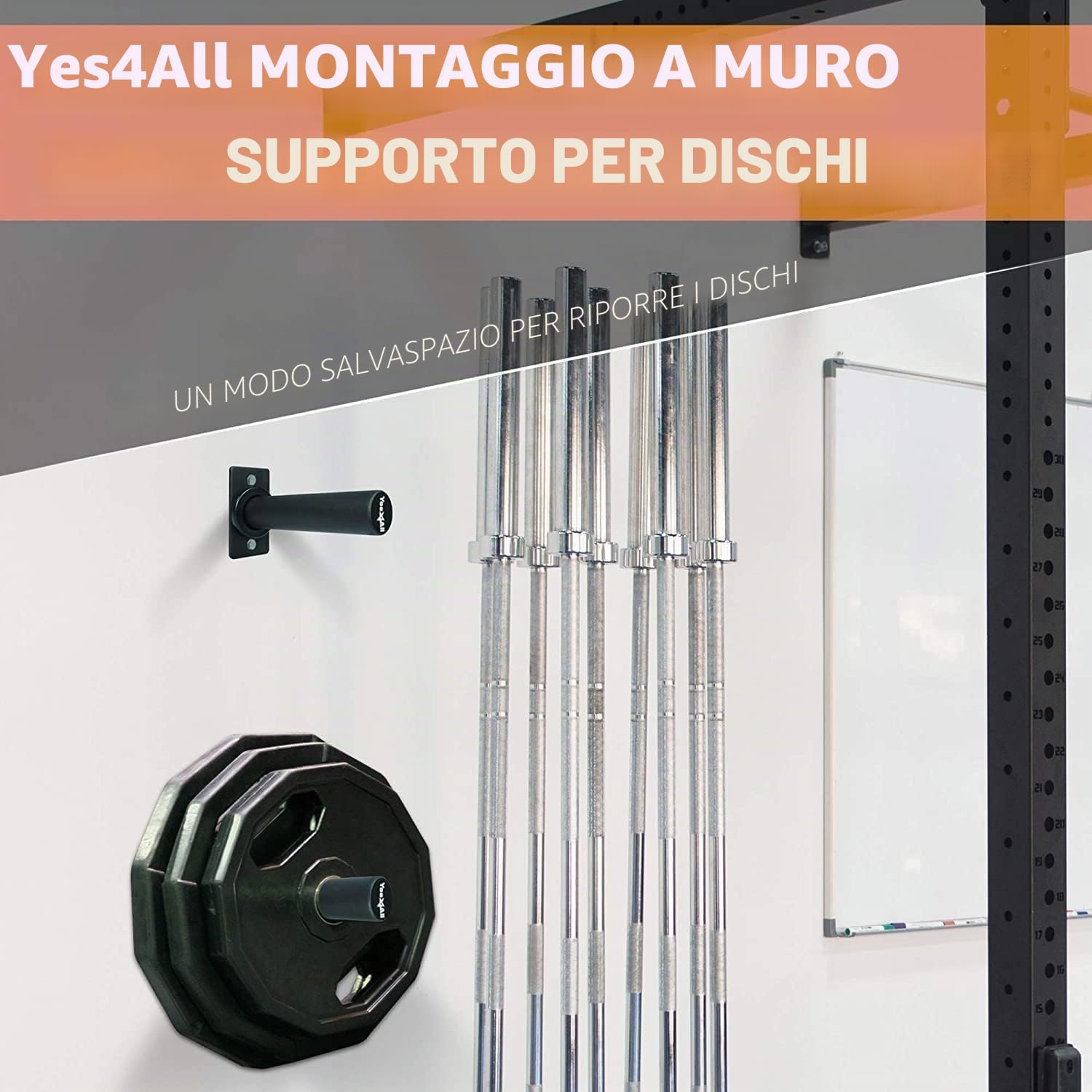 Yes4All Supporto a Parete per Dischi Pesi, Singolo e Doppio - Adatto a Dischi Pesi Olimpici da 5 cm, Protezione in Gomma