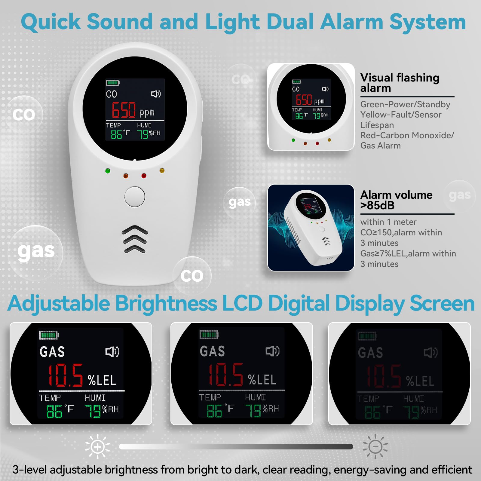 5-in-1 Carbon Monoxide Detectors,Plug-in Gas Detector with Rechargeable Backup Battery,Monitoring CO Natural Gas Temperature and Humidity Sound Light Alarm Detector,LCD Screen Brightness Adjustable — view 7