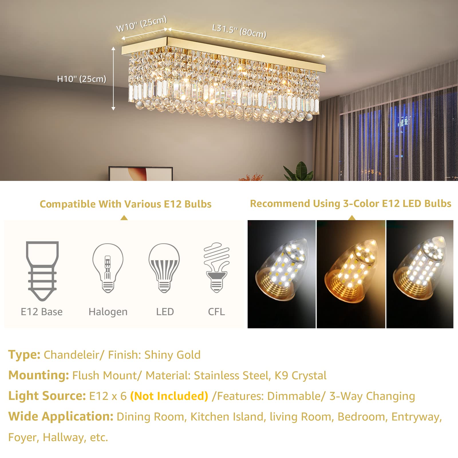 Siljoy 6-Light Modern Crystal Chandelier, Luxury Gold Rectangle Chandelier Ceiling Light, Flush Mount Raindrop Pendant Lighting for Dining Room Kitchen Island L31.5'' x W10'' x H10''