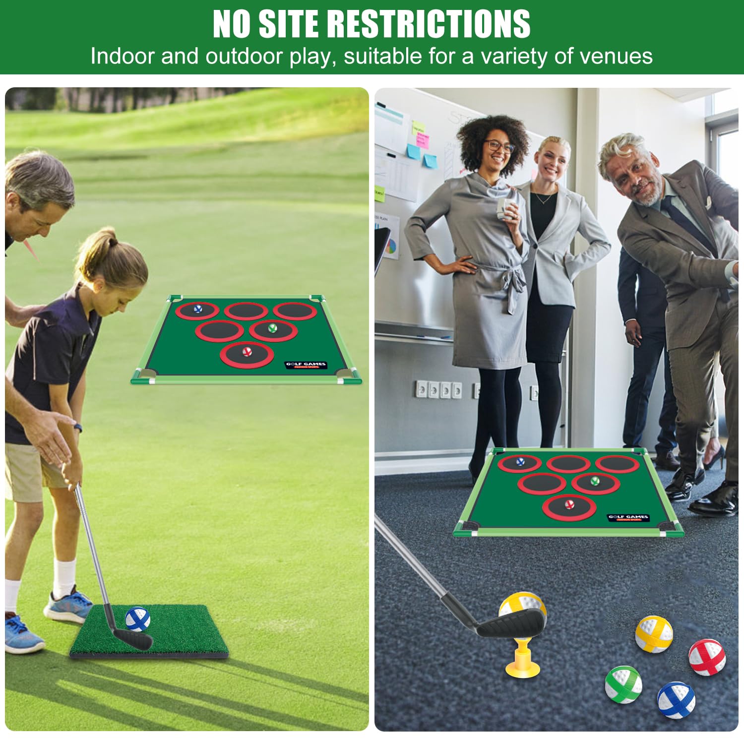 Mostop Juego de juego de golf – Juego de Cornhole para patio trasero incluye alfombrilla de putt, 20 bolas adhesivas, 6 fundas de agujero, bolsa de transporte, juegos de patio de golf para adultos