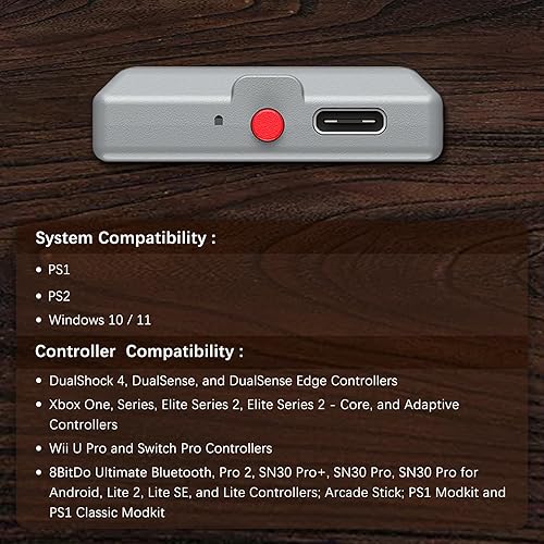 Vista 2 de 8Bitdo Retro Wireless Controller Adapter Receiver for PS1 PS2 Windows 1011, Compatible with PS5PS4 Controller, Xbox Series Controller, Xbox One