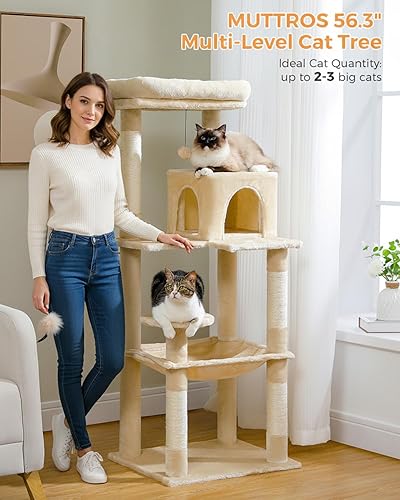 Miniatura 5 de Árbol para gatos grandes para adultos con hamaca grande de felpa de metal, torre para gatos de 56.3 pulgadas con casa de condominio de 2 puertas,