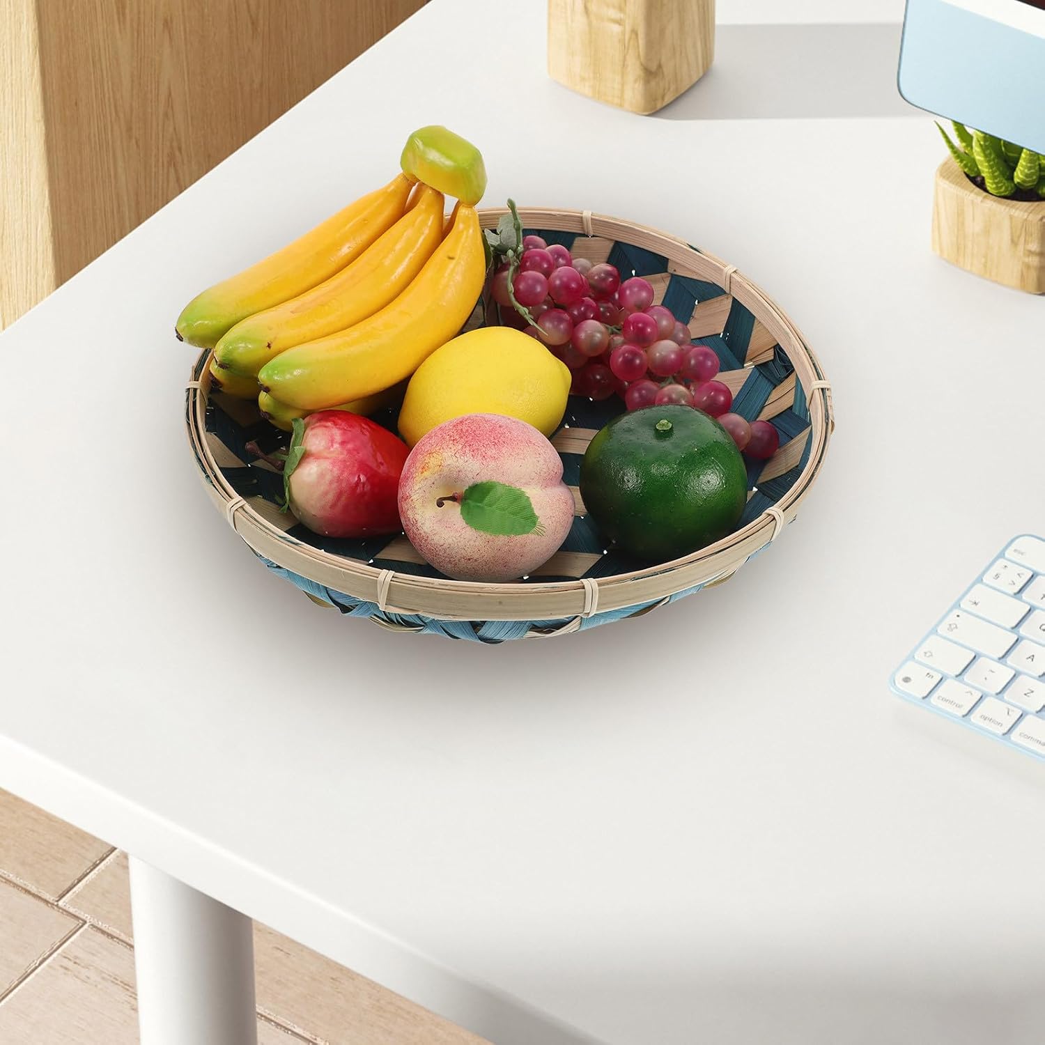 Basket Tray in Blue, Multifunctional Woven Bread and Fruit Basket for Kitchen and Dining Use, Elegant and Sturdy Serving Plate for Daily Food Organization