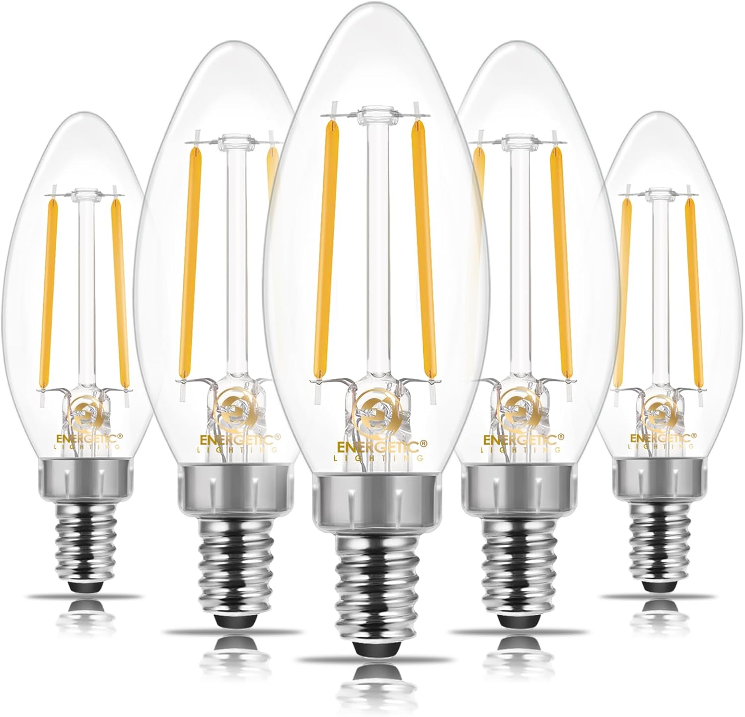 Energetic E12 LED Classic Candelabra Clear Light Bulb, 4W, Equivalent 40W, 400 Lumens, Soft White 2700K, Filament Clear Glass Candelabra B11 Bulb, Non-Dimmable, Pack of 5