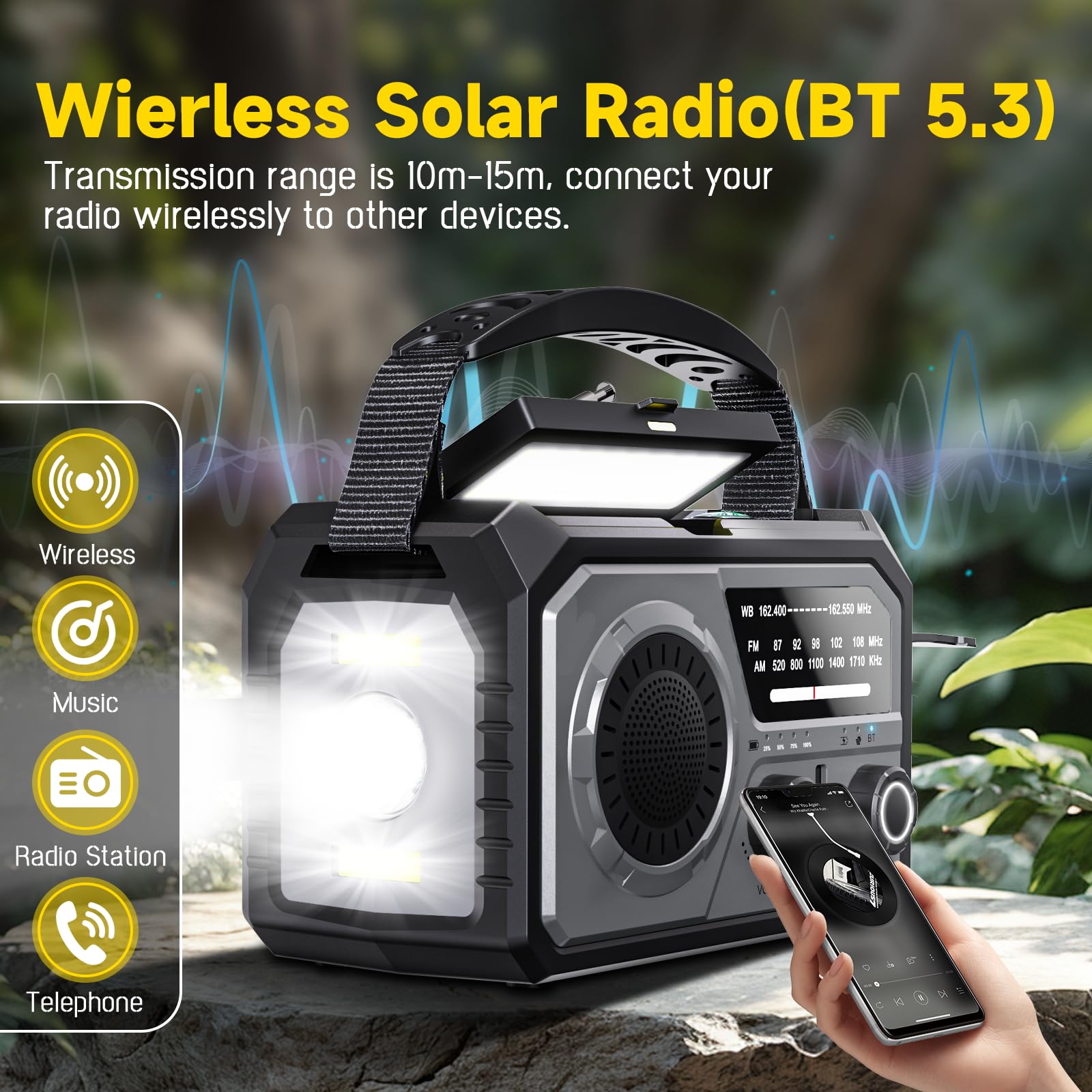 Radio a manovella di emergenza 16000 mAh AM/FM con torcia LED, radio solare, radio meteorologica portatile, caricatore di emergenza per famiglia, campeggio all'aperto