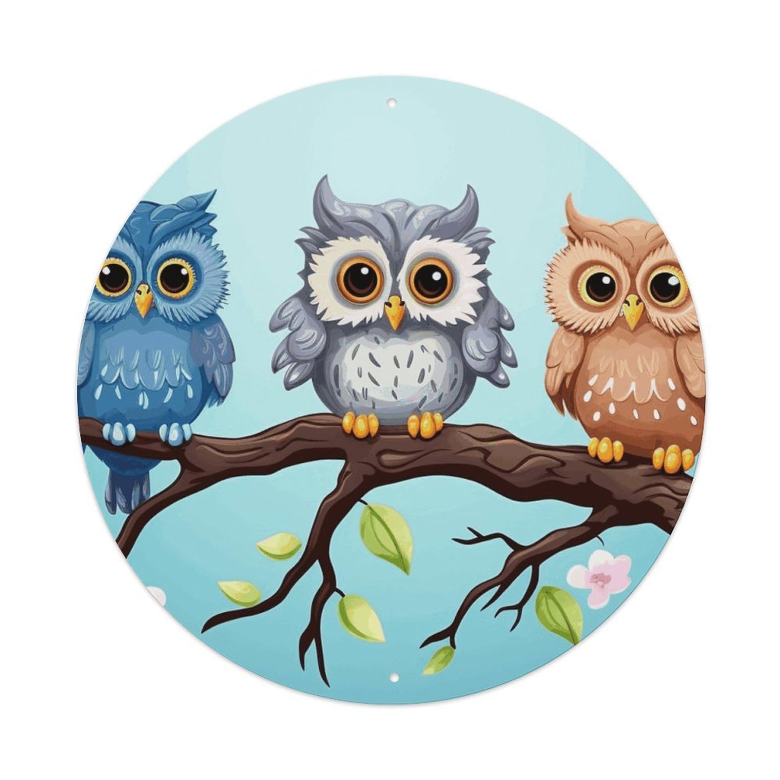 LZQPOEAS Owls on A Branch Round Aluminum Wall Art Sign, Metal Indoor Wall Decor with Holes, Durable Circular Aluminum Plaque for Home, Bar, Cafe, Living Room, And Office Decoration