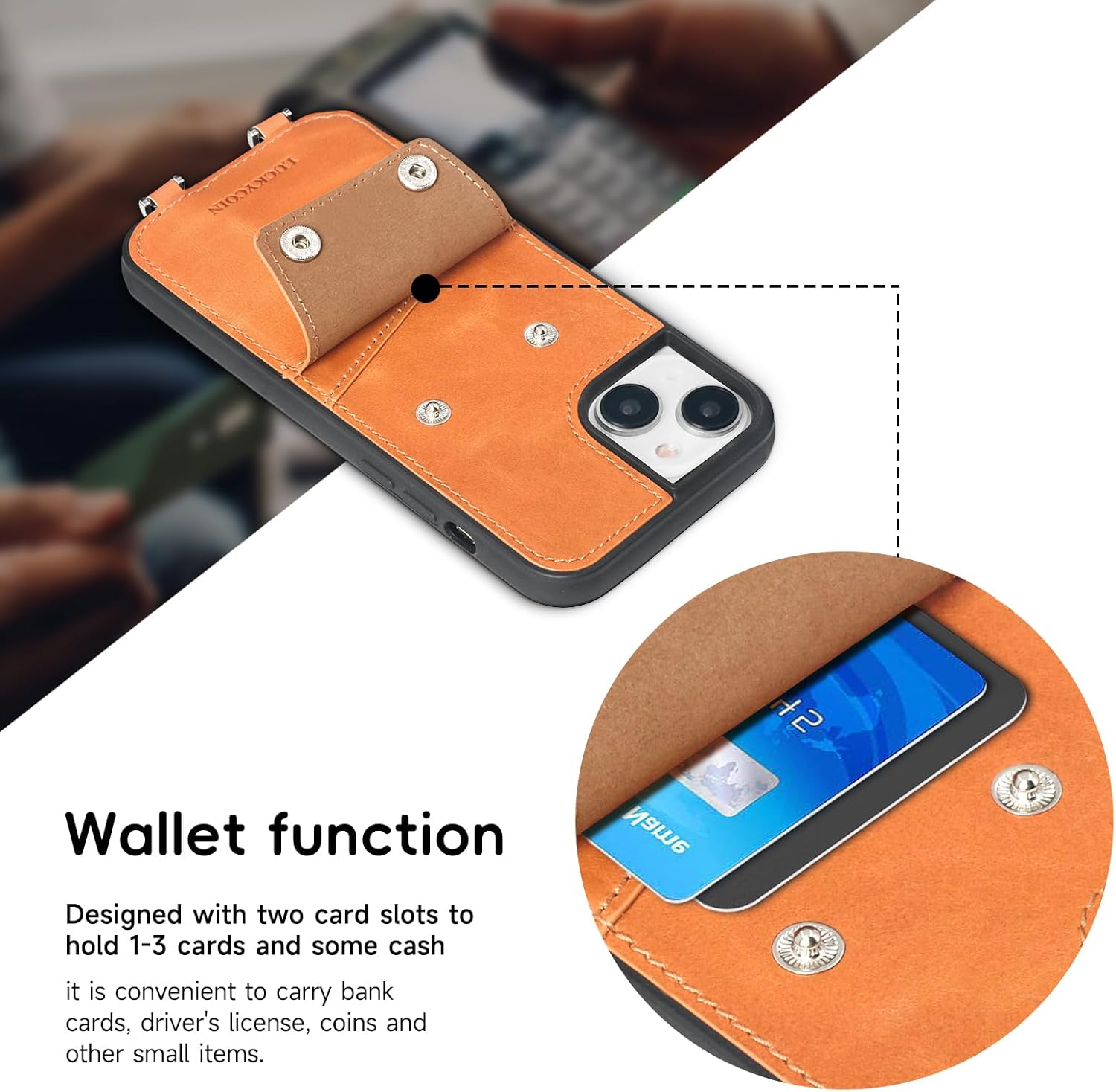 Leather Wallet Phone Case Compatible with iPhone 15 Plus,Crossbody Lanyards Wallet Phone Case for Women,Purse Flip Card Pouch Cover Case with Pouch Clip Card Holder Adjustable Wrist Strap Brown