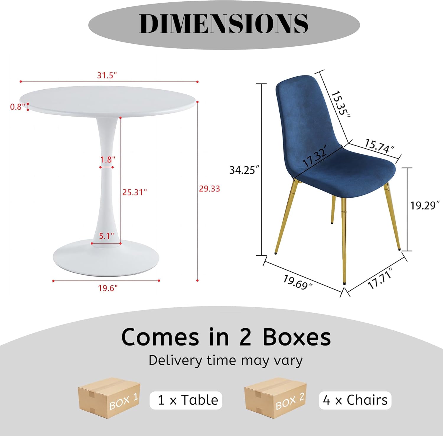 Dining Table Set for 4, 32" White Tulip Kitchen Table & 4 Blue Velvet Dining Chairs, Mid-Century 5-Piece Dining Room Set with Metal Base for Living Room, Cafe, Small Spaces (Gold Leg)