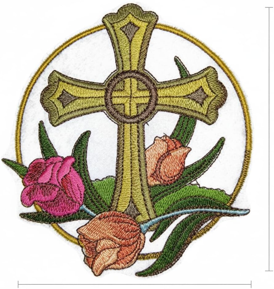 [Custom] Holy Sacred Cross with Nature's Bounty [Cross and Tulip] Embroidery Iron On/Sew Patch [5" x 5.15"][Made in USA]