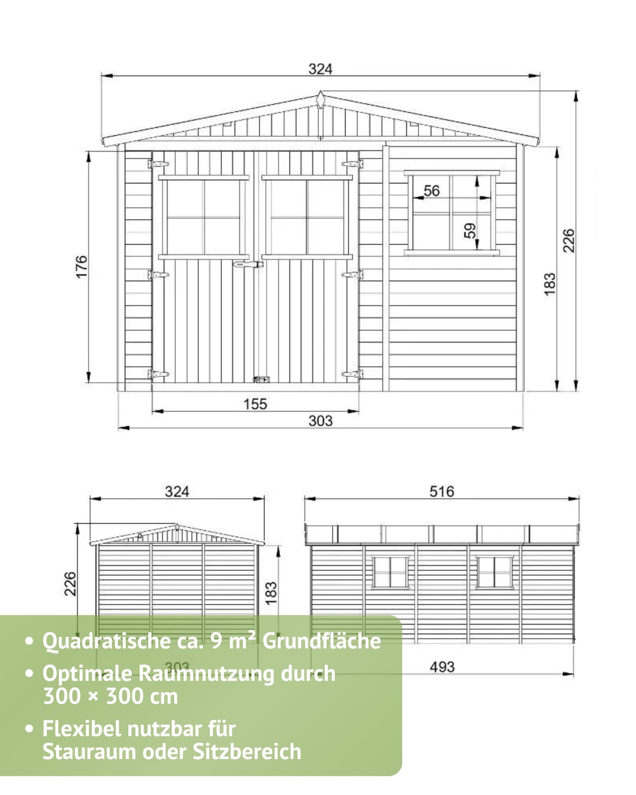 Steiner Shopping Gartenhaus Mainau 300x300 cm aus Holz I Vorgefertigtes Elementhaus mit Satteldach & Dachpappe I Geräumiger Geräteschuppen für Gartengeräte & Fahrräder I Robuste Gartenhütte