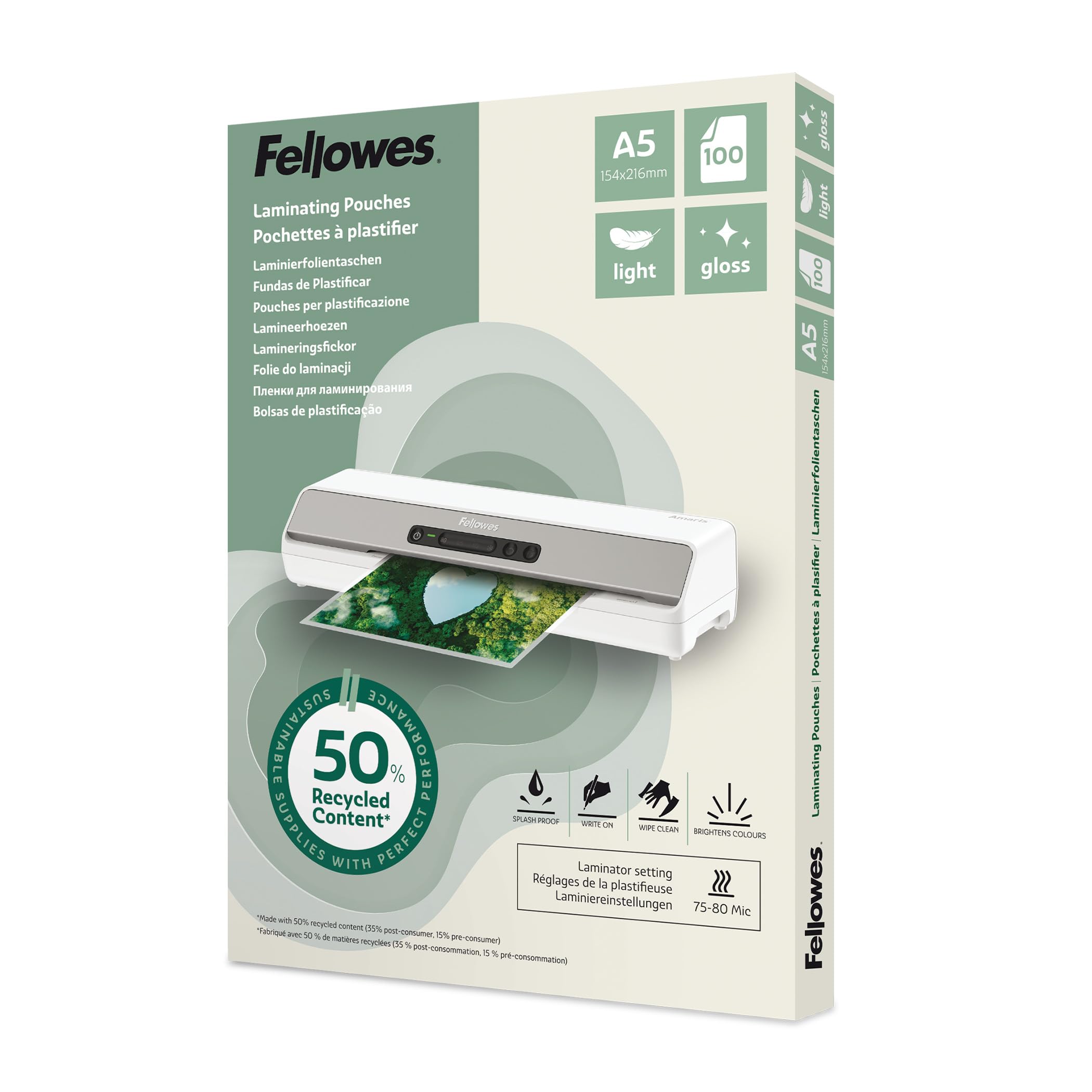 Fellowes A5 Laminating Pouches โ 100 Pack, Gloss Finish, Light Duty 75/80 Micron, 50% Recycled Content โ Lamination for Teachers & Offices