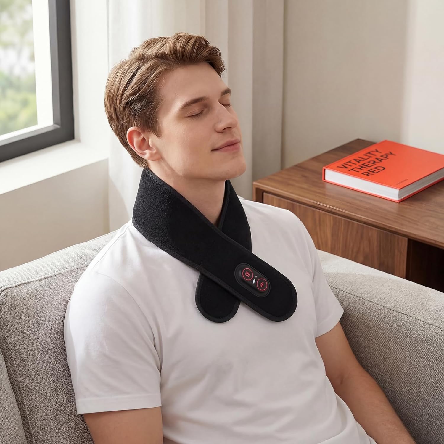 Cordless Heated Neck Massager Wrap with Vibration Massage & Red Light, ，Portable Neck Heat & Vibration Scarf with 3 Heat & 3 Vibration Levels, Soft Wearable Neck Pad for Neck, Back, Arms & Legs