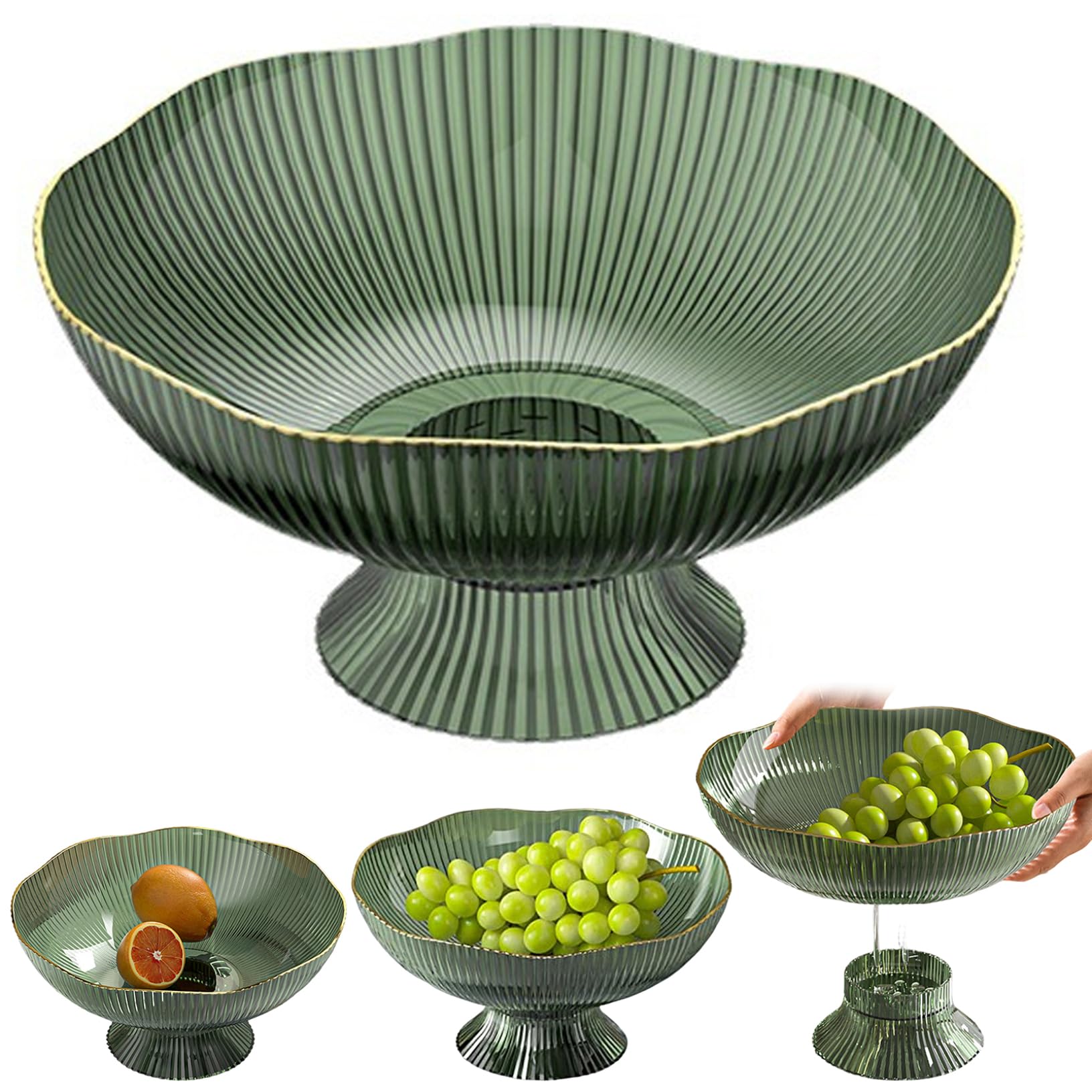 DAGLLGEW Fruit Bowl for Kitchen Counter, 10x10x5 Pedestal Fruit Basket with Draining Holes, Lightweight Decorative Bowl for Kitchen Table Centerpiece Home Decor, Green Pedestal Basket