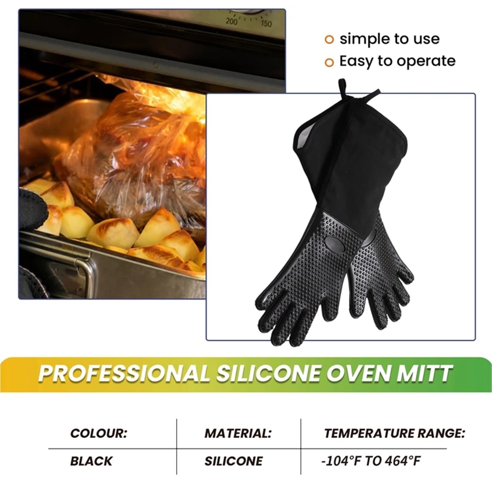 MRKU Guantes de Cocina extralargos de Silicona Profesional, Resistentes al Calor, con Forro Interior de algodón.