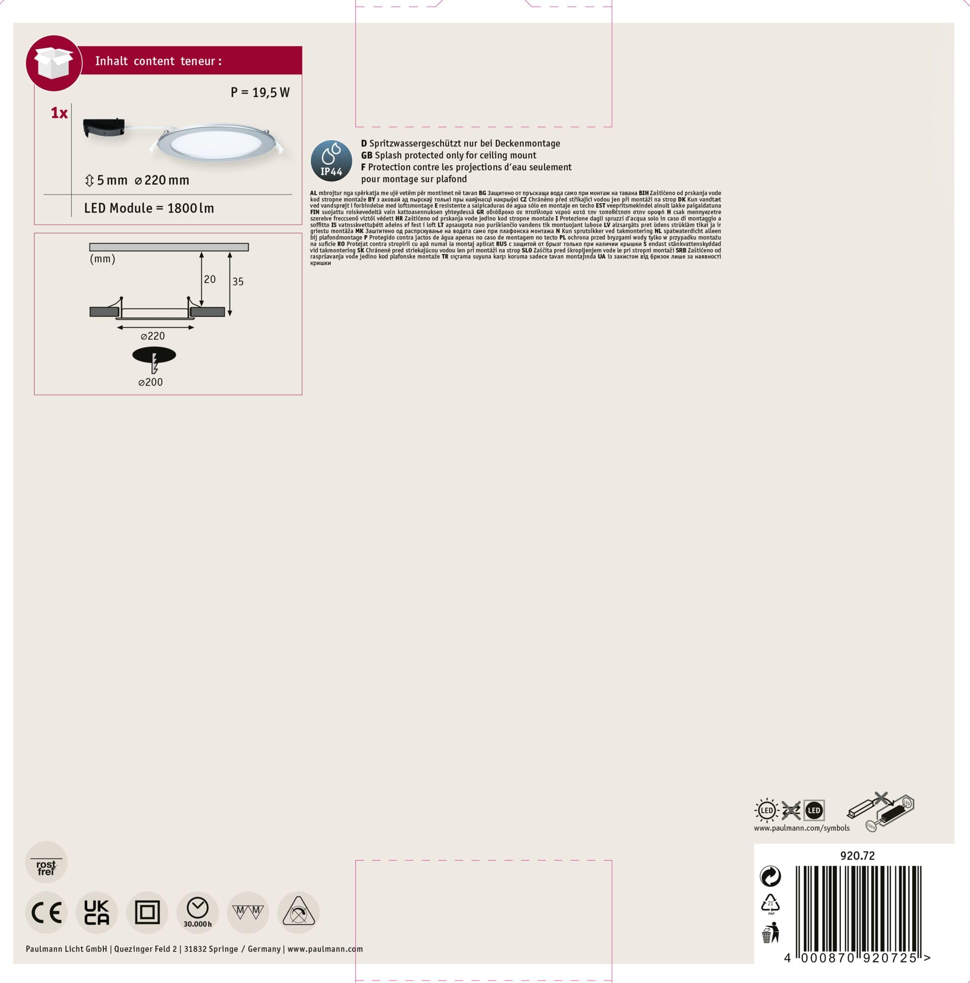 Paulmann 92072 Panel empotrable LED, redondo 18 W 4000 K blanco neutro, panel LED cromo mate, IP44 protección contra salpicaduras, incl. fuente de luz