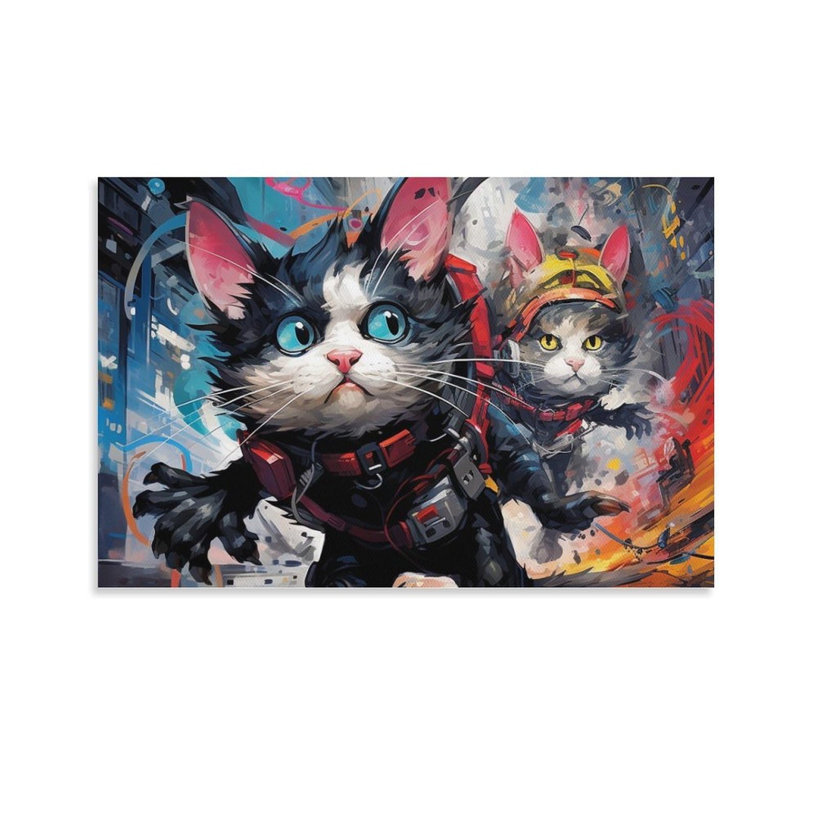 CPLVKWRQJ Bright Magical Colorful Single Two Cats in Cyberpunk Style Canvas Print - Living Room Gallery Wall Statement Piece Fade Resistant Ready to Hang 16x24inch(40x60cm)