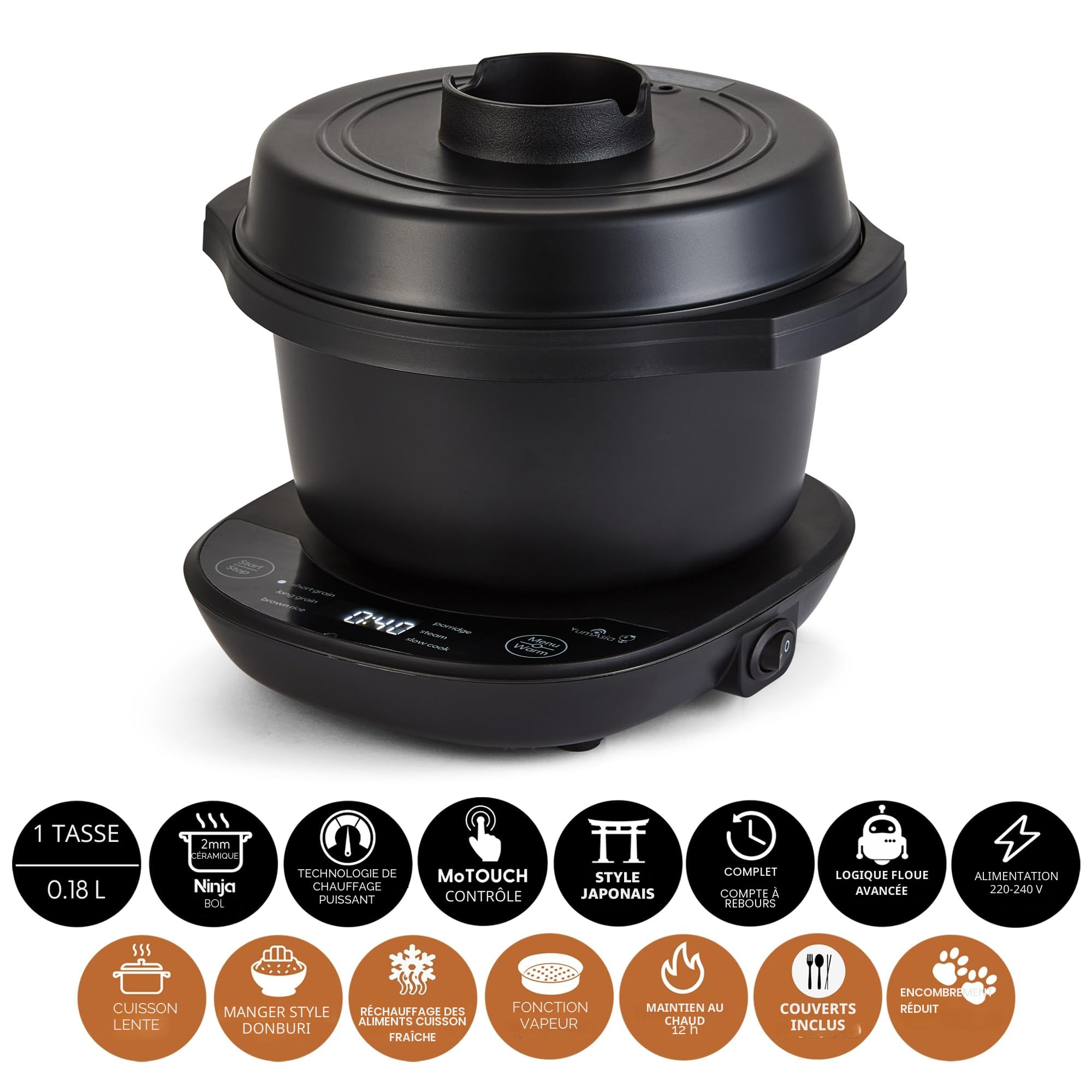 Yum Asia Kotori Mini cuiseur à riz Donburi avec logique floue avancée, bol en céramique ninja (1 tasse, 0,18l), 3 fonctions de riz, 3 fonctions multicuiseur, affichage LED, 220-240V (Noir anthracite)