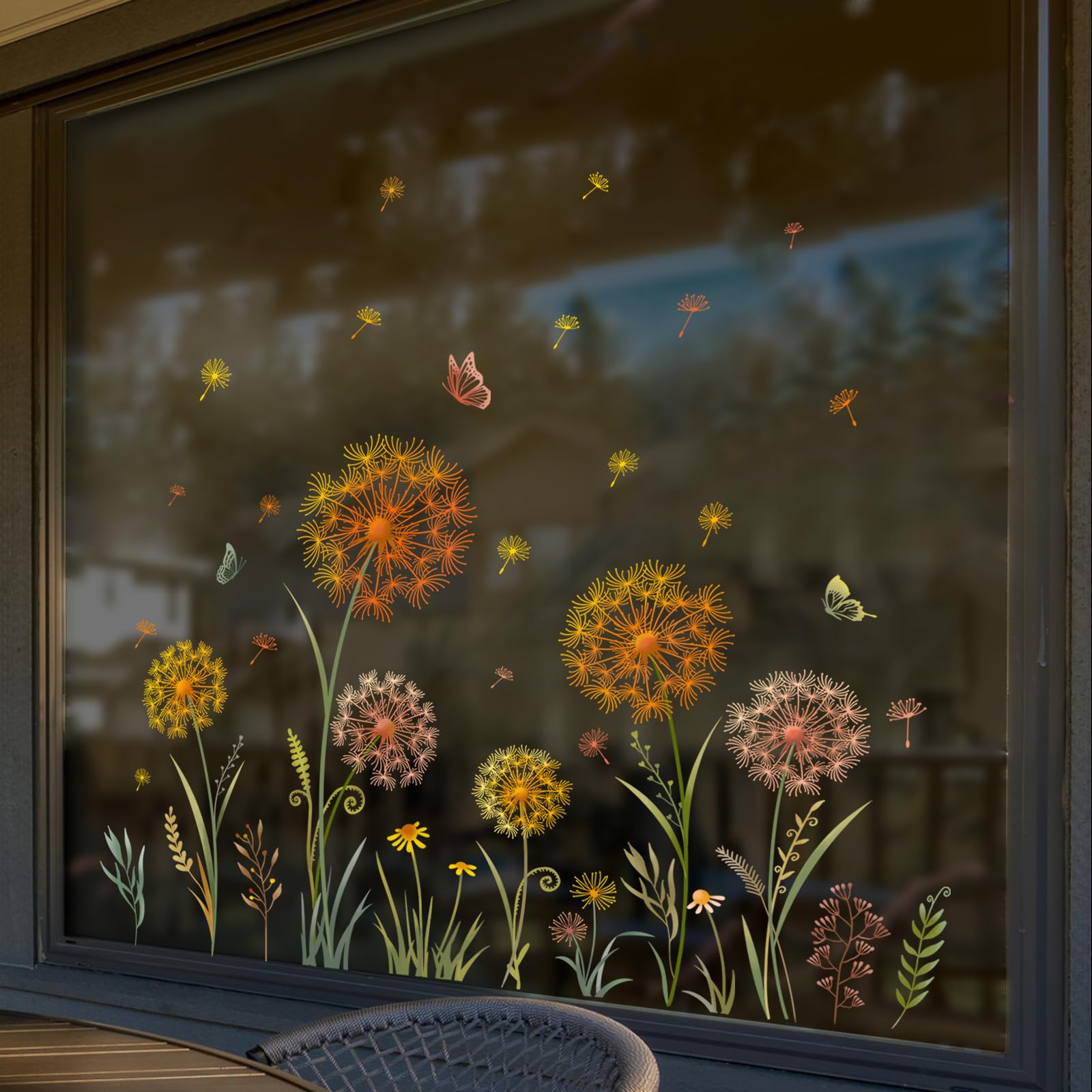Tanlaby Jaune Pissenlits Fenêtre Stickers Papillon Plante Autocollants Fenêtre Printemps Été Vitre Stickers Anti-Collision Réutilisables Double Face pour Fenêtre Maison Café Verre Porte Décoration
