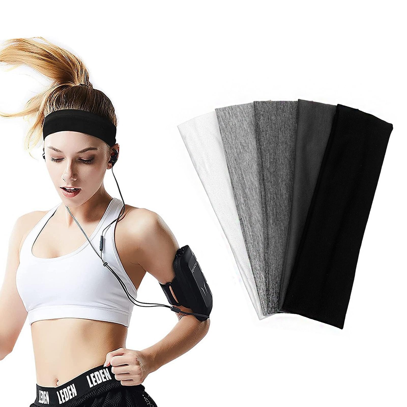 UEPOA 5 paquetes de diademas deportivas para mujer y hombre, bandas elásticas para el pelo, antideslizantes, finas y suaves, de algodón, para deportes, correr, ejercicio o gimnasio (color sólido)