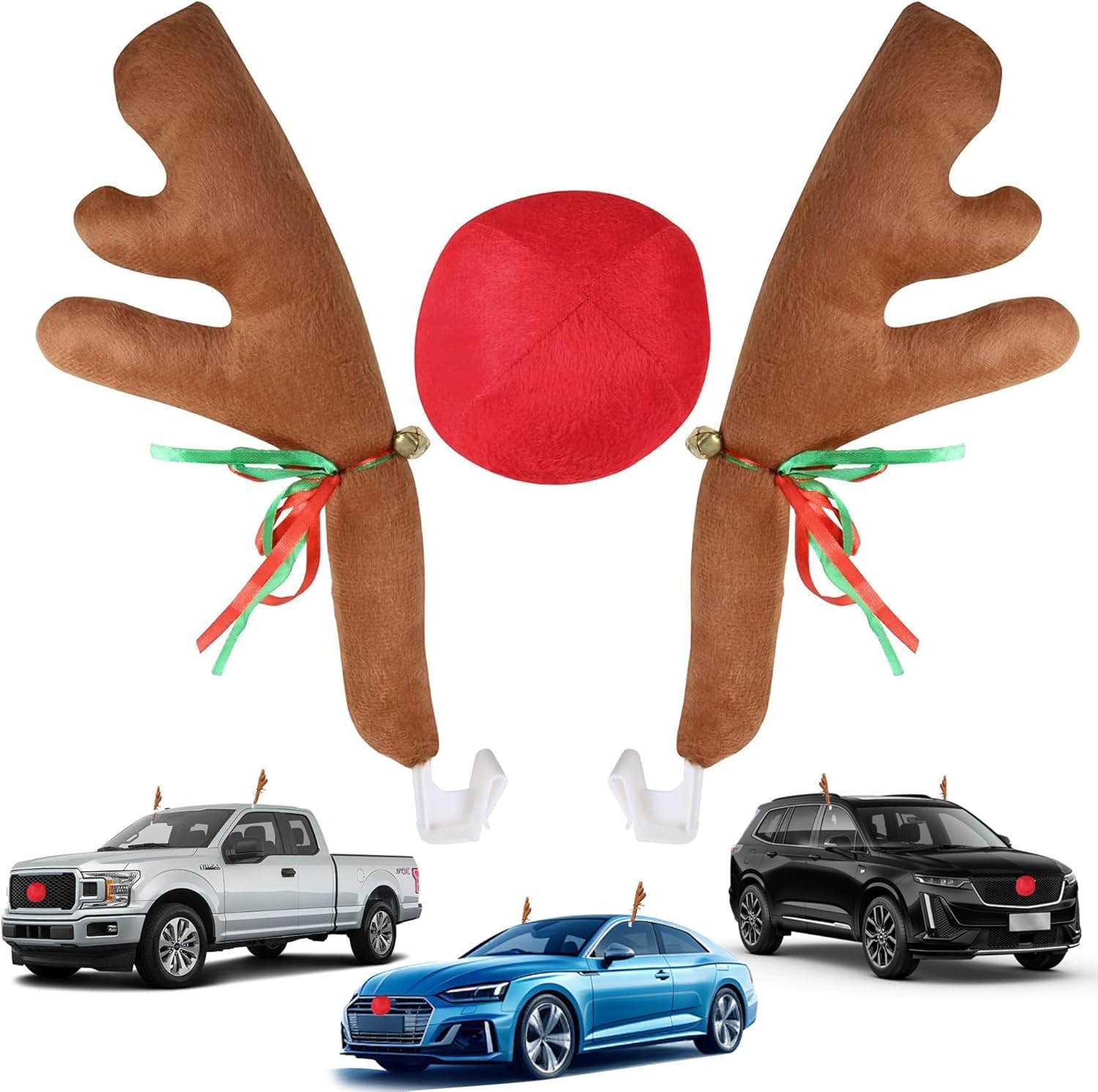 Surpzon Red, Brown Car Christmas Decorations, Reindeer Antlers For Car, Auto Antlers And Nose Jingle Bells Reindeer Sticker For Vehicle Christmas Decorations
