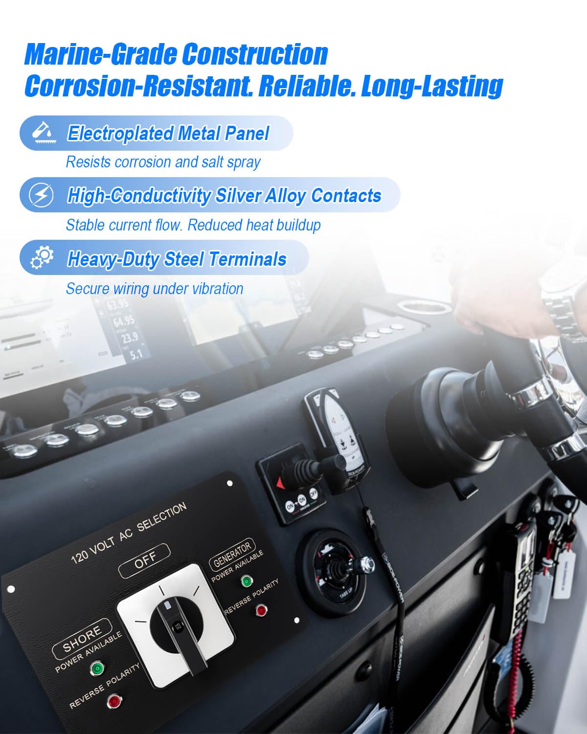 AC Rotary Switch Panel 2 Position 120V 30A, Marine-Grade Selector Switch with Reverse Polarity LED Indicator for Boats Commercial Vessels Yachts