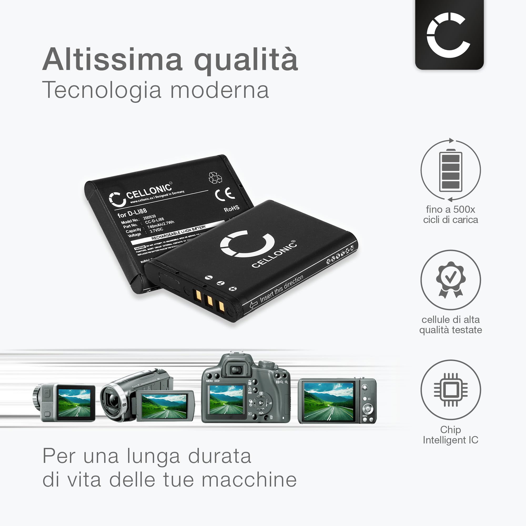 CELLONIC, Batteria per Fotocamera compatibile con Pentax D-LI88, Optio P70, H90, RS1000, W90, P80 (3.7V, 740mAh