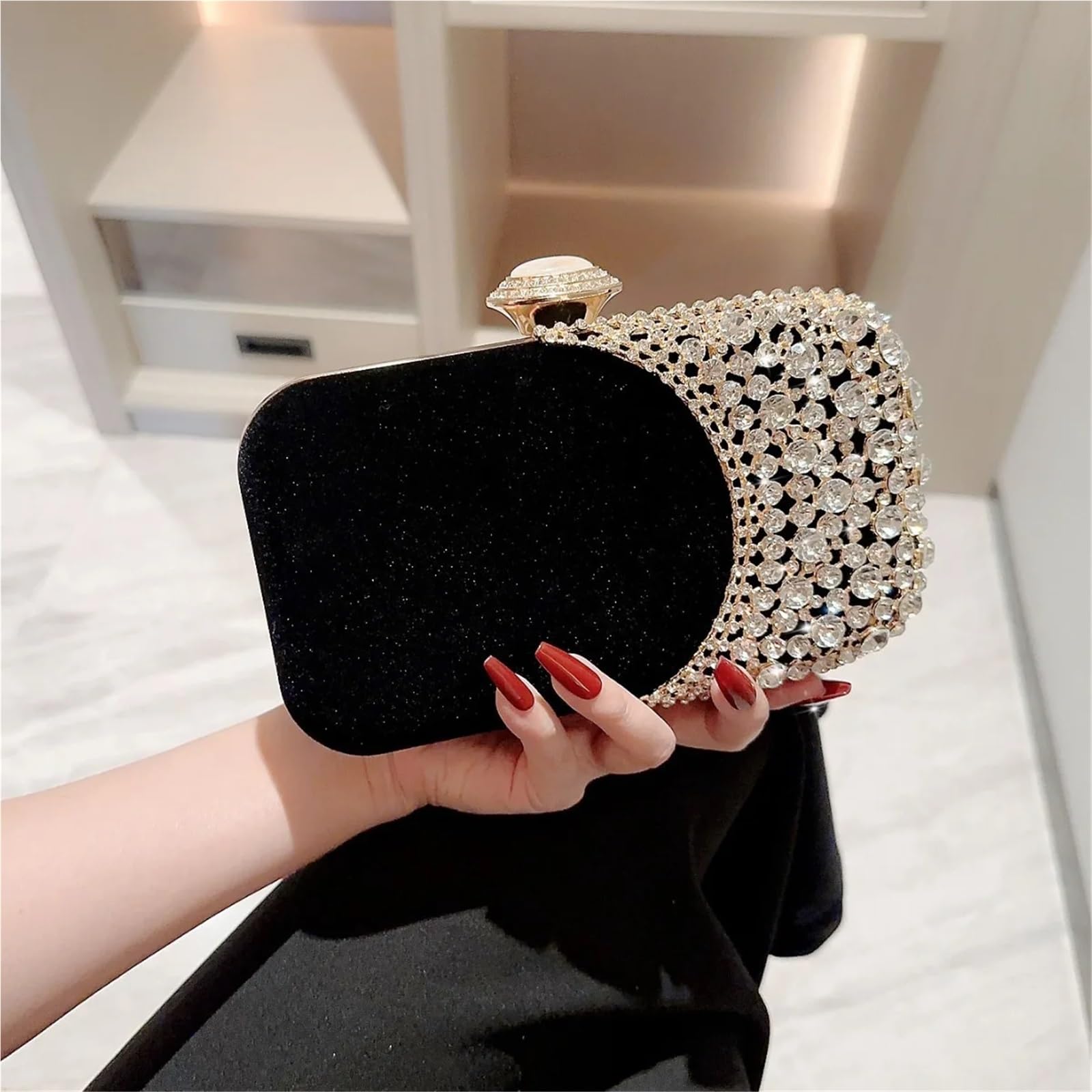 Borse da sera donna dal design cavo in velluto con glitter for, pochette for festa di nozze, catena diamanti Per Banchetti E Feste