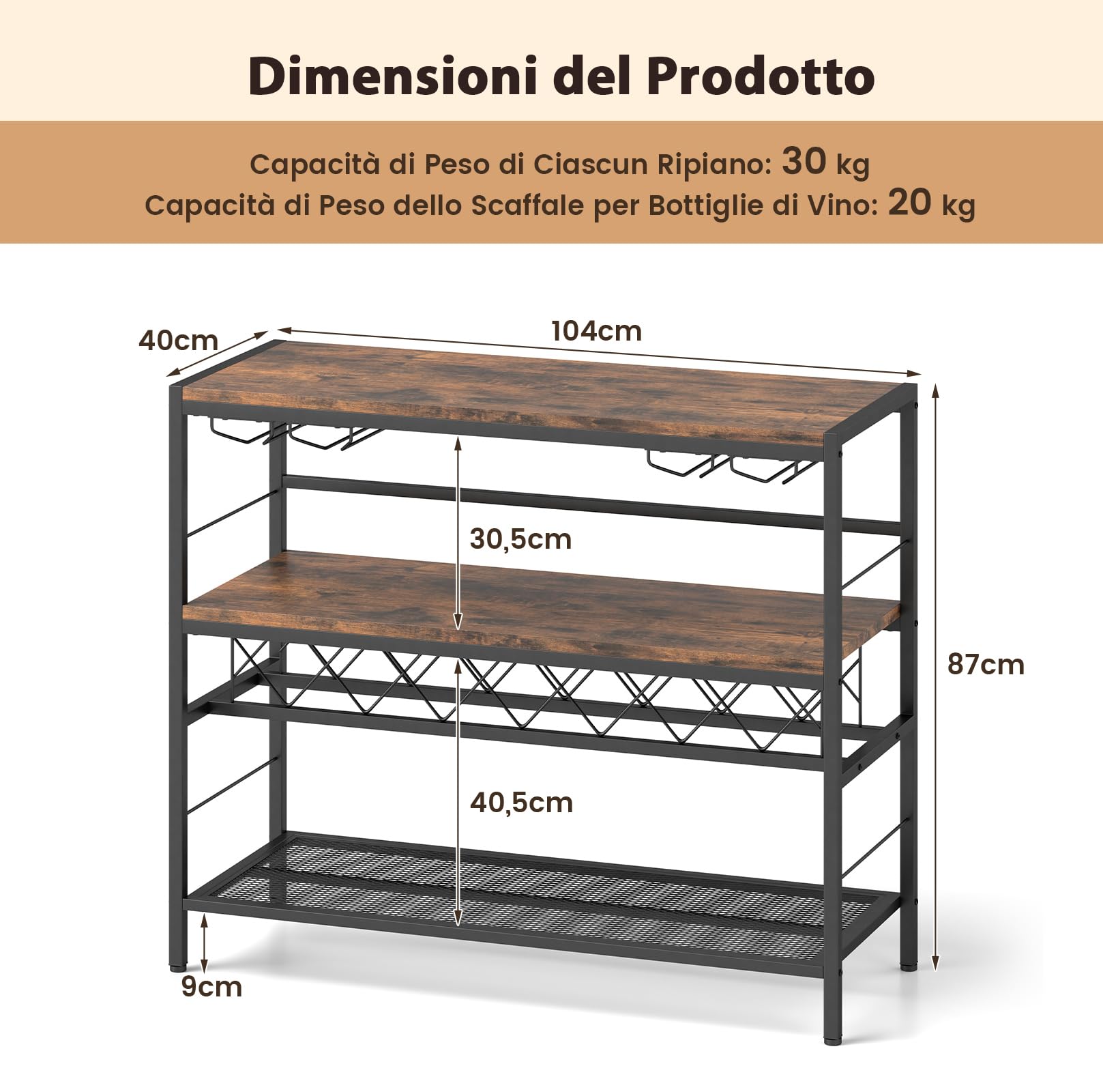 RELAX4LIFE Portabottiglie da Vino da 104 CM, Tavolo Bar per Vino con 4 Supporti per Bicchieri, Piano di Lavoro Ampio, Ripiani di Stoccaggio, Supporto per Bottiglie da Vino per Cucina, Soggiorno